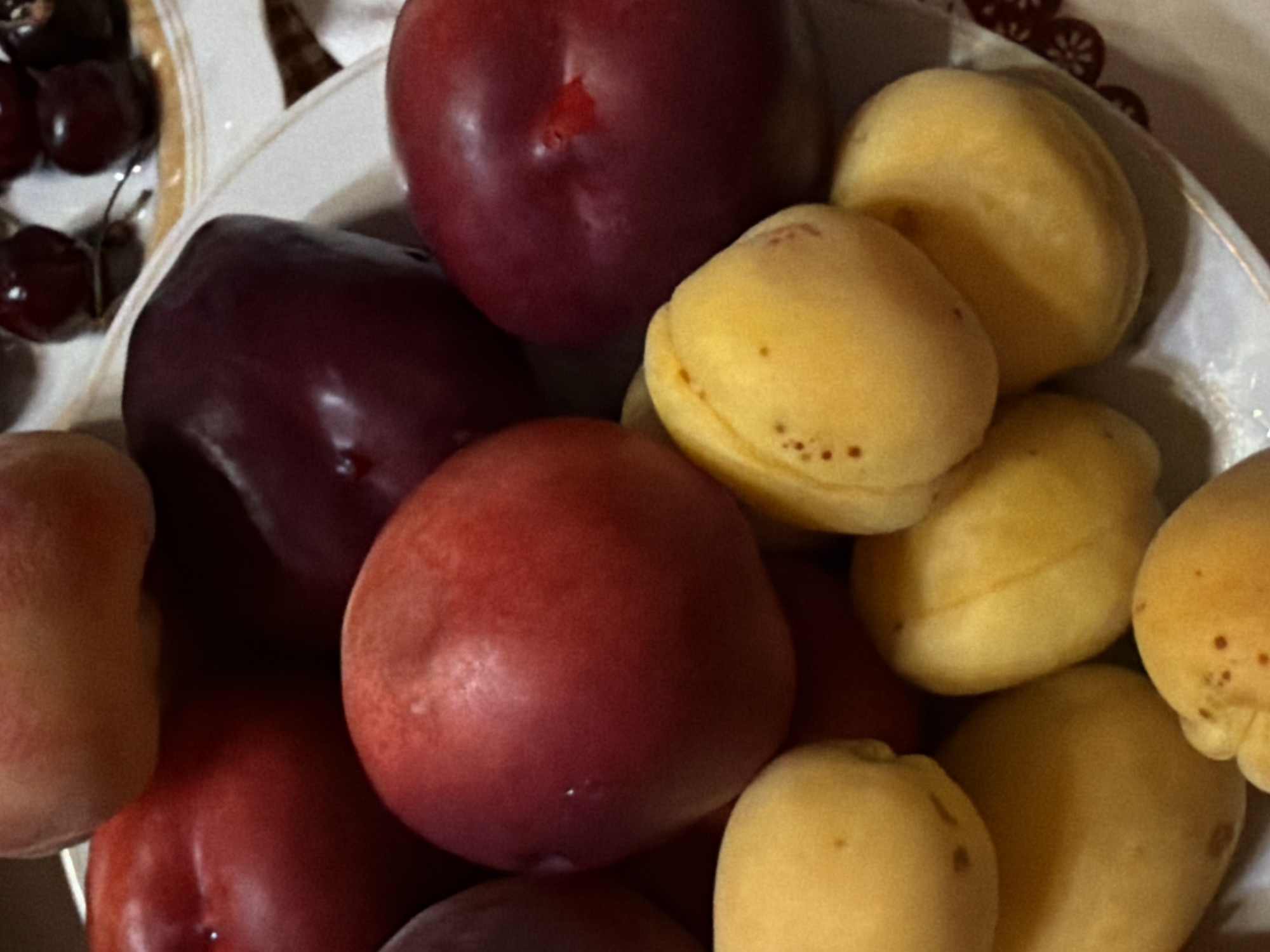 A close-up shot shows a plate of fruit, including red plums, yellow apricots, and cherries in the background. The fruit is arranged in a pile on a white plate with a decorative rim. The lighting is dim, and the focus is on the fruit. The image is a still life, capturing the texture and color of the fruit. There are no people visible in the image.
