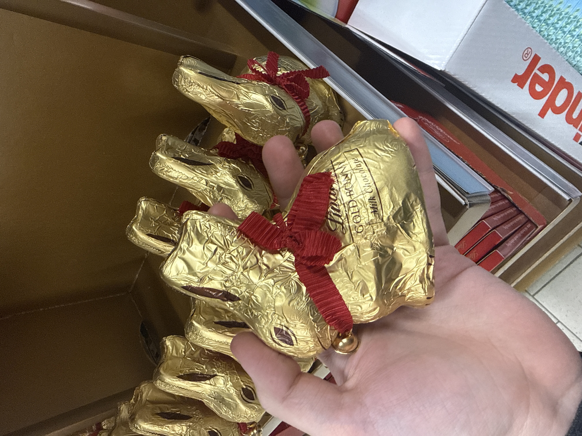 A person holds three Lindt Gold Bunny chocolate rabbits, wrapped in gold foil and adorned with red ribbons and small bells, in their hand. The rabbits are from a cardboard box filled with similar chocolates. A Kinder brand product can be seen in the background near a store aisle in a shop in Plovdiv, Bulgaria.