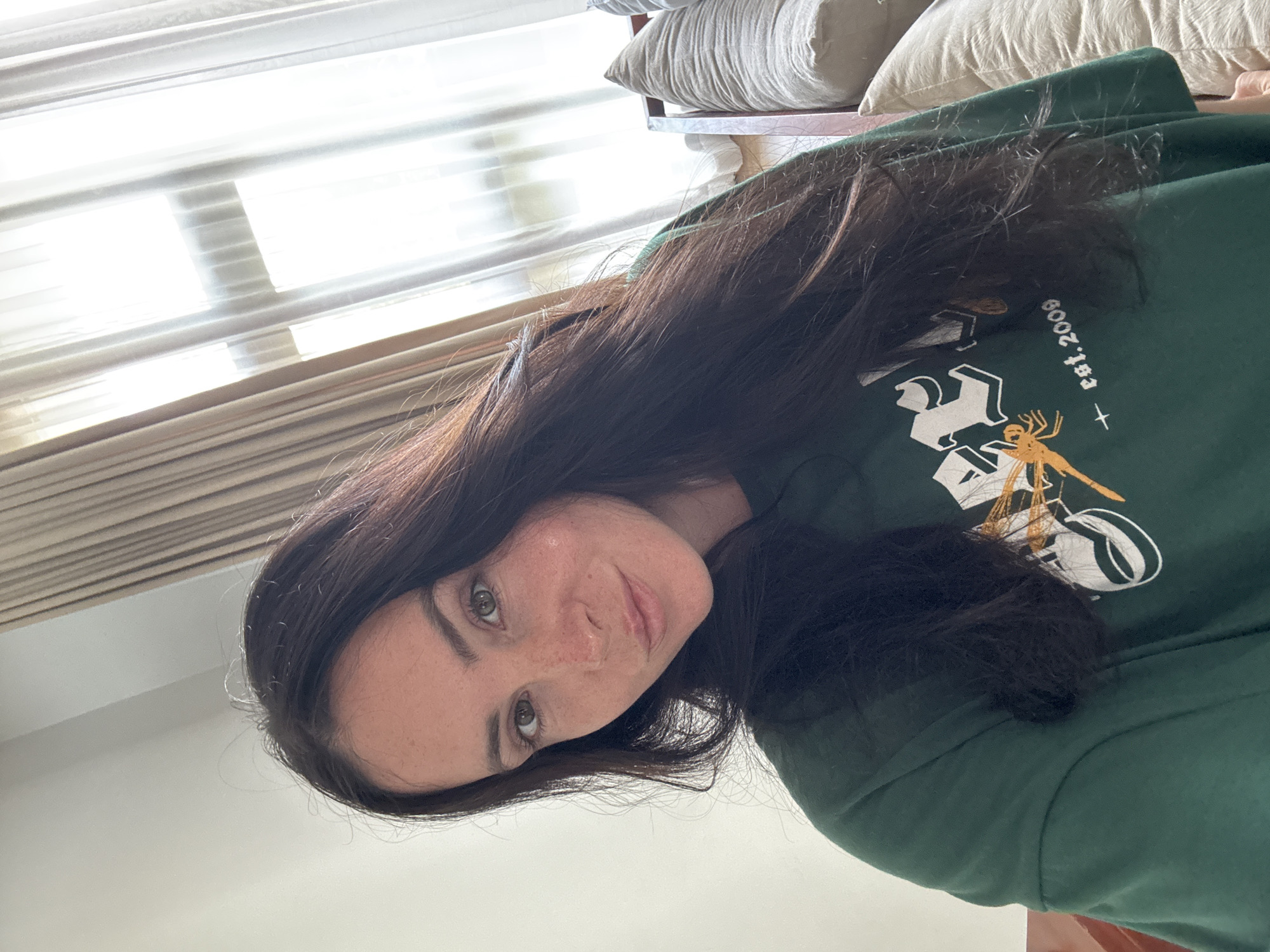 A woman with long, dark hair and fair skin is captured in a close-up, selfie-style photograph. She has green eyes and a scattering of freckles across her nose and cheeks. She is wearing a dark green sweatshirt with a graphic design on it, featuring a dragonfly and the text "est. 2009". The background suggests an indoor setting, with light-colored curtains and the suggestion of furniture or cushions on the right side of the frame. The lighting appears to be natural, coming from a window. The image does not provide enough detail to determine the specific location within North Kuta, Indonesia.