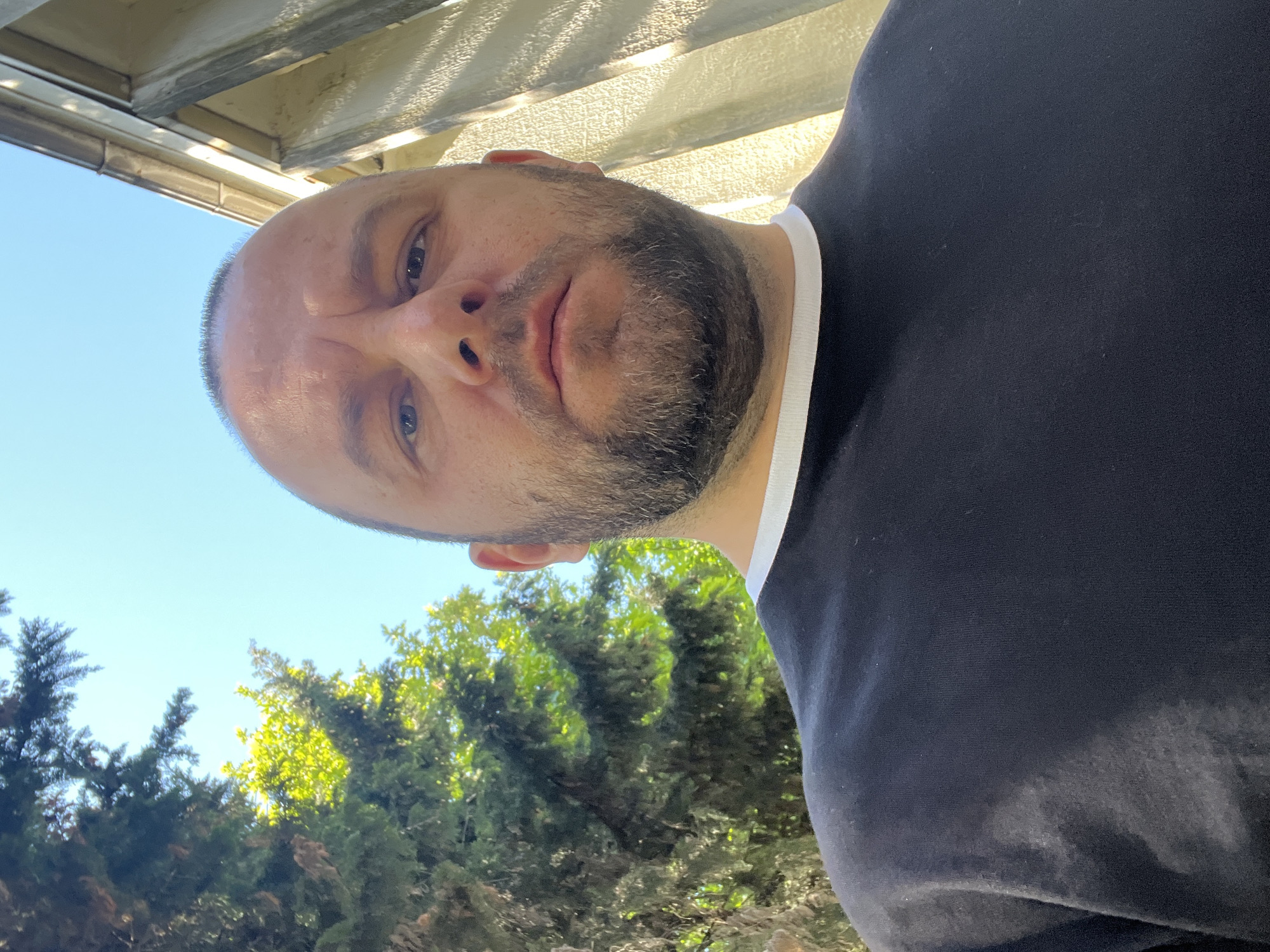 The image is an angled, close-up portrait of a man outdoors in Sochi, Russia.
**Subjects:** The primary subject is a man with a shaved head, short dark hair on the sides, and a full dark beard and mustache. He has dark eyes and a neutral, calm expression as he looks directly at the camera. He is wearing a dark-colored (likely black or navy) t-shirt with a white band along the collar. The background features a clear blue sky, lush green trees and foliage at the bottom, and a light-colored building structure, possibly an awning or part of a roof with a gutter, at the top.
**Activity or event taking place:** The man appears to be taking a selfie or posing for a photograph, capturing a casual moment outdoors.
**Notable details:** The time of day is clearly daytime, indicated by the bright, clear blue sky and strong sunlight casting shadows on the building structure. The weather is sunny and clear. The camera is tilted, causing the man and background elements to appear at an oblique angle. The natural elements (trees, sky) suggest an outdoor setting, potentially a garden, park, or a residence with greenery. No visible text is present in the image. The location context is Sochi, Russia.