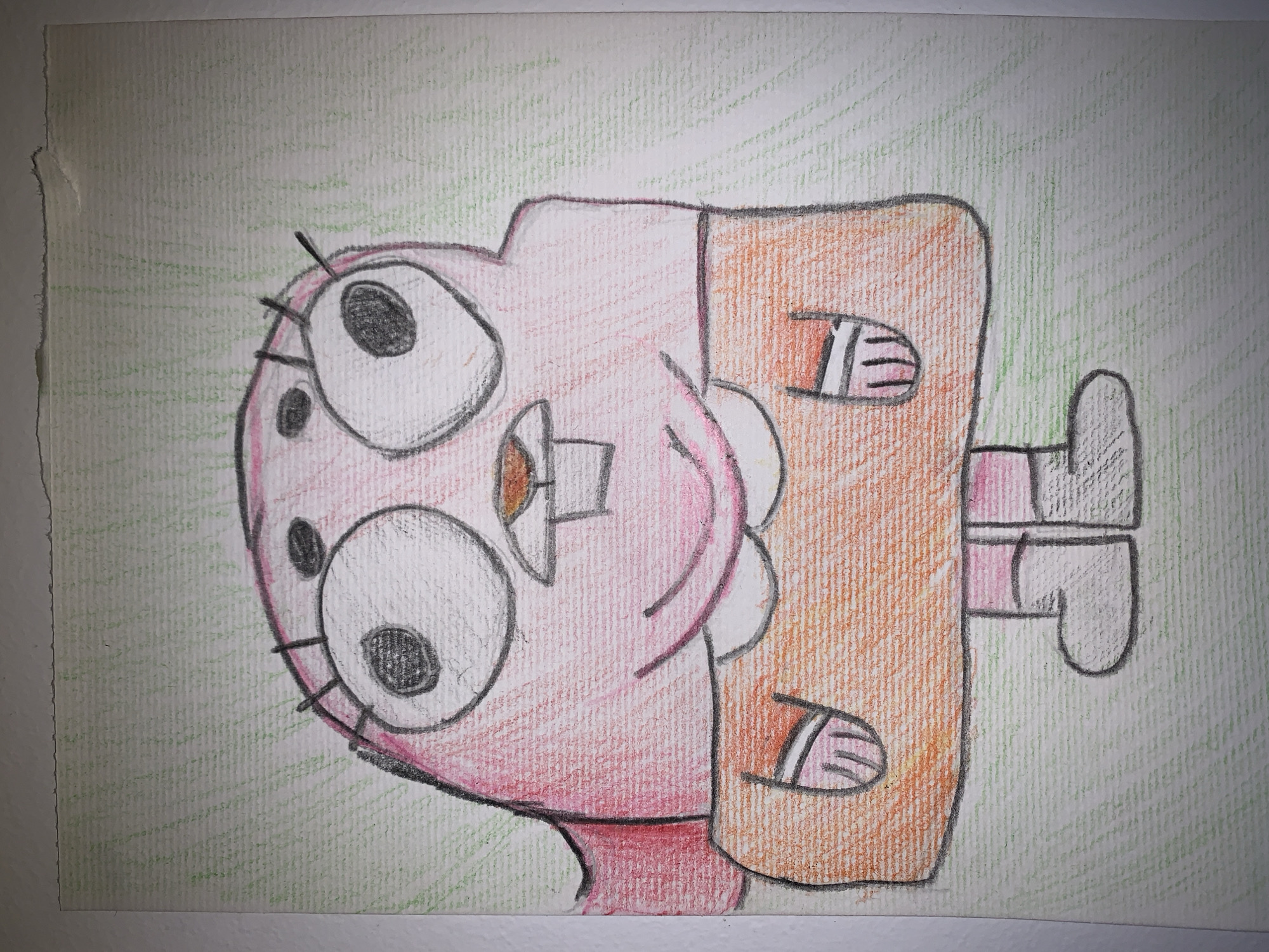 A hand-drawn, colored pencil drawing depicts a cartoon character resembling Anais Watterson from "The Amazing World of Gumball". The character has a pink, oval-shaped head with large, round eyes and prominent eyelashes. Her outfit is an orange dress, and she stands in an undefined green space. The drawing appears on a textured white paper that has a torn edge. There is no information that indicates its presence or location in Vozdovac Urban Municipality, Serbia.