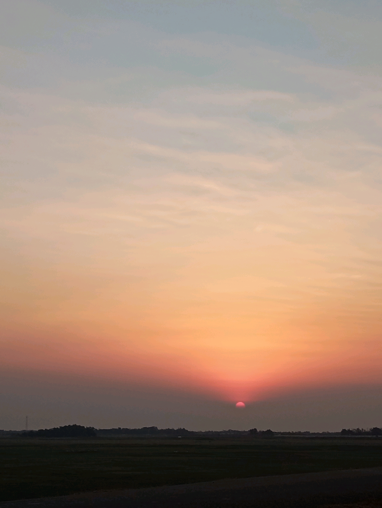 The image depicts a sunset over a rural landscape in Haurkolot, Indonesia. The sky is a gradient of colors, transitioning from a pale blue at the top to shades of orange and pink closer to the horizon. A small, red sun is visible just above the horizon, partially obscured by a dusky haze. Below the sky, a dark, silhouetted treeline stretches across the middle ground, with the faint outlines of buildings or structures visible within it. The foreground consists of dark, flat terrain, likely fields, with a subtle textured appearance. There are no people or animals visible in the scene. The overall impression is one of natural tranquility and the end of the day.