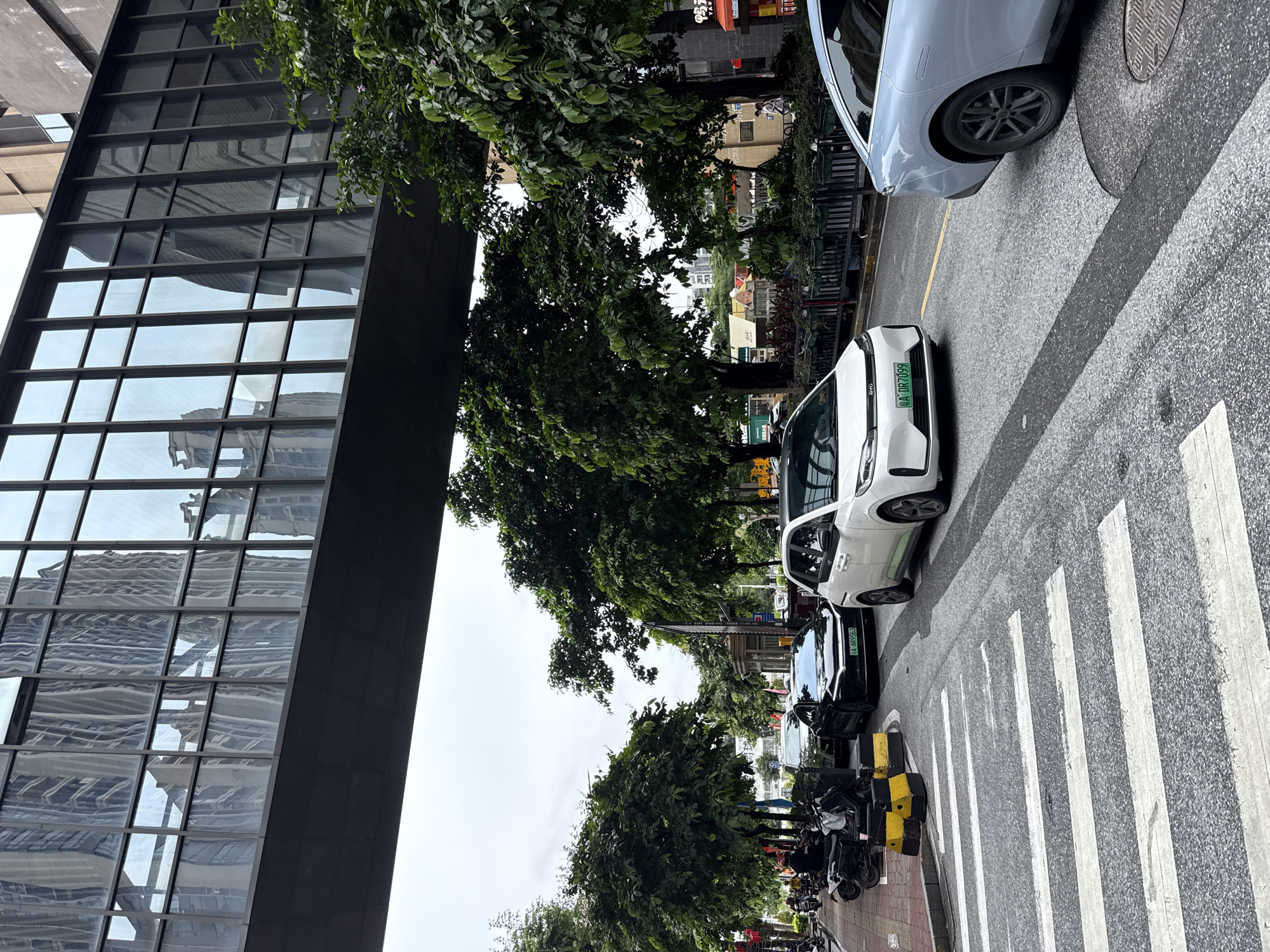 A street-level view captures a busy urban scene in Haizhu District, China, under a pedestrian overpass. A modern white electric car with license plate "A-DR7099" is prominent in the foreground, driving on a paved road. To its left, a black sedan with license plate "AA-AR9563" is also on the road. A pedestrian crossing with white stripes marks the foreground. On the left side of the street, several parked motorcycles and scooters are visible, with a few people standing near them. Lush green trees line the street, and a building with a glass facade, reflecting other structures, is visible above. The sky is overcast, suggesting a cloudy day.