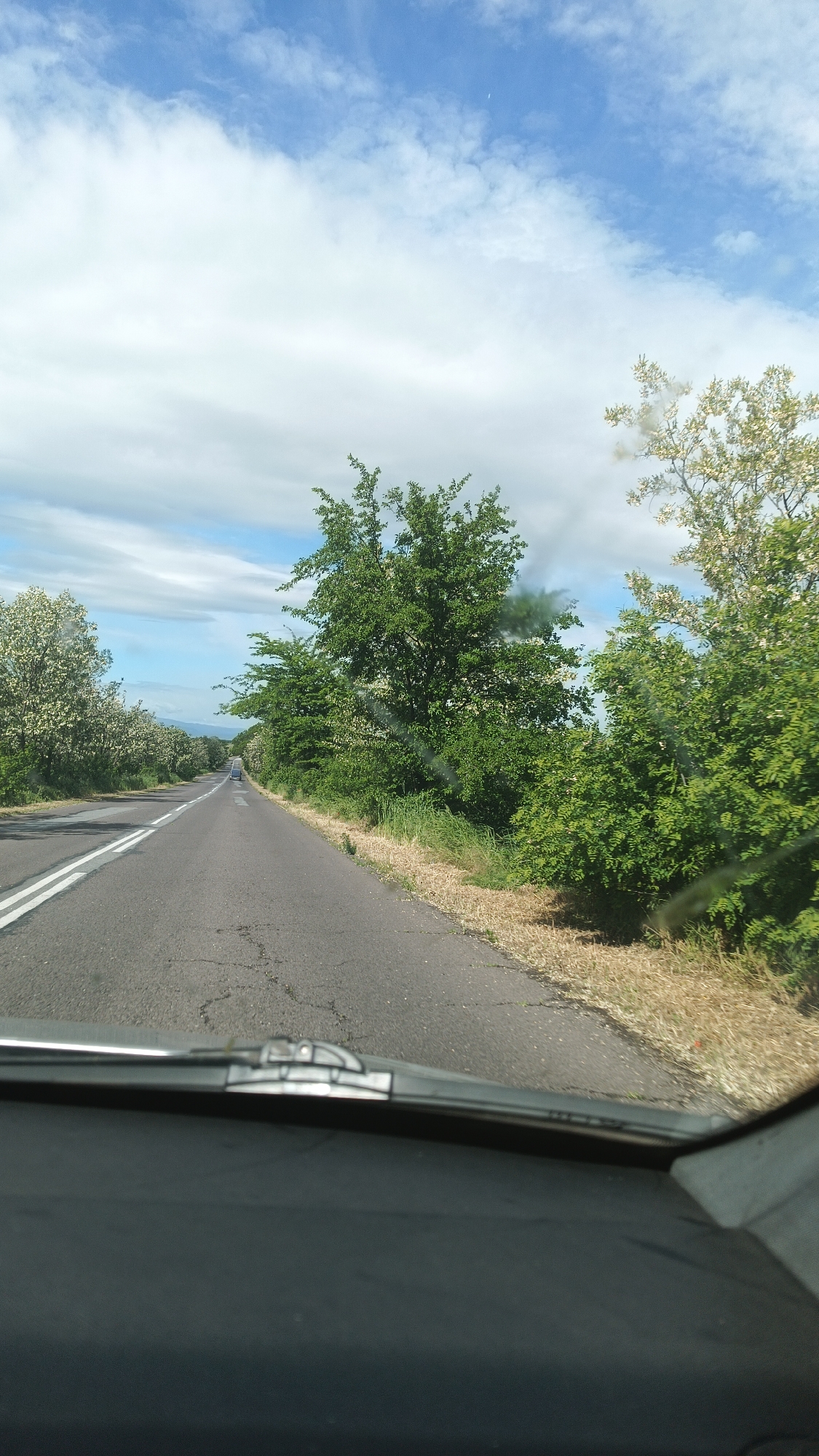 The image depicts a view from inside a vehicle, presumably a car, traveling on a two-lane asphalt road. The road has white lane markings. The sky is blue with scattered white clouds. The road is bordered by green trees and vegetation on both sides. In the distance, another vehicle can be seen further down the road. A windshield wiper is visible at the bottom of the image. The location is Градина, Bulgaria.