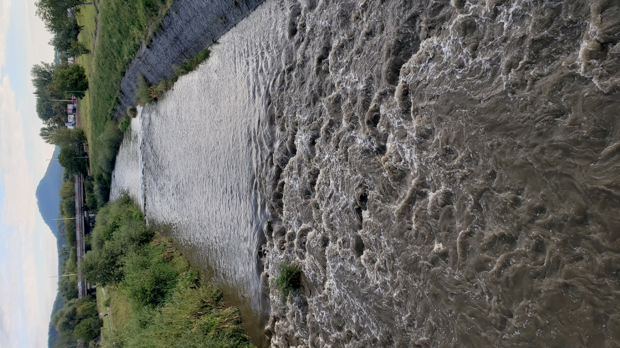 The image shows a view of the Sekčov River in Prešov, Slovakia, looking downstream. The river has a section of rapids in the foreground, with churning, muddy water. The banks of the river are lined with grass and vegetation on the left, and a grey stone embankment on the right. In the background, a bridge crosses the river, with trees and a hill beyond it. The sky is overcast. There are no people or specific objects in the immediate vicinity of the rapids.