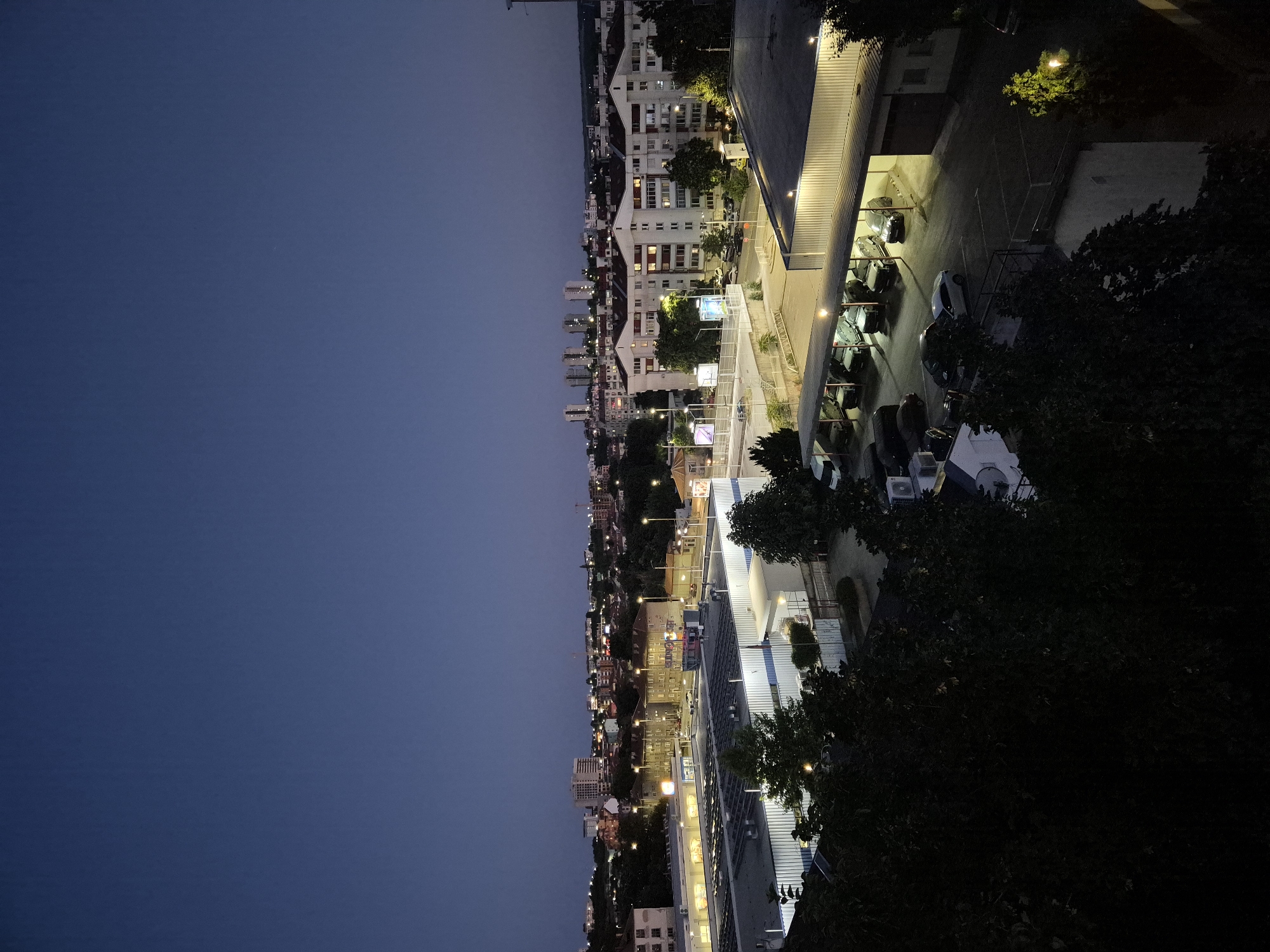 A vertical, high-angle, full shot captures an urban cityscape at dusk. The sky transitions from a deep, clear blue at the top to a lighter shade near the horizon, where a faint glow of city lights is visible. In the foreground, dense, dark foliage obscures the lower portion of the frame. Behind the foliage, a large, modern commercial building with a flat, white roof and blue trim spans horizontally across the mid-ground. Rows of bright lights illuminate the roof and an attached overhang, casting a warm glow on parked cars below. Beyond this building, a series of apartment buildings with visible windows, some lit from within, are arranged in clusters. In the distance, taller, modern high-rise buildings punctuate the skyline. The overall scene depicts a quiet evening in a mixed-use urban environment. There are no people visible in the image.
