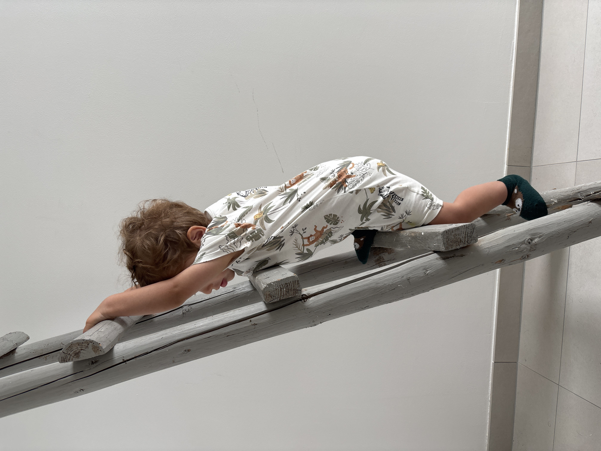 A young child, likely a toddler, is captured in a prone position, appearing to climb or crawl along a rustic, ladder-like wooden structure. The child is stretching forward, gripping one of the main wooden rails with both hands, while their legs are bent, with one foot visible resting on a rung.
The child has light brown, curly hair and is dressed in a light-colored romper featuring a playful pattern of jungle animals such as monkeys and zebras, interspersed with various tropical plants and leaves. They are also wearing dark green socks, one of which clearly displays a white character or animal face on its heel.
The wooden structure is painted a light grey, exhibiting a slightly worn or natural finish. It comprises two main, somewhat irregular wooden poles that serve as rails, connected by several smaller, flatter wooden pieces acting as rungs.
The background is a plain, light grey or off-white wall, suggesting an indoor environment. To the far right, a section of a lighter grey, tiled wall is visible, possibly indicating a corner or an adjacent room. The lighting is soft and even, characteristic of indoor conditions. There is no visible text in the image. The scene suggests a moment of playful activity or determined exploration by the child. The location is Pétange, Luxembourg.