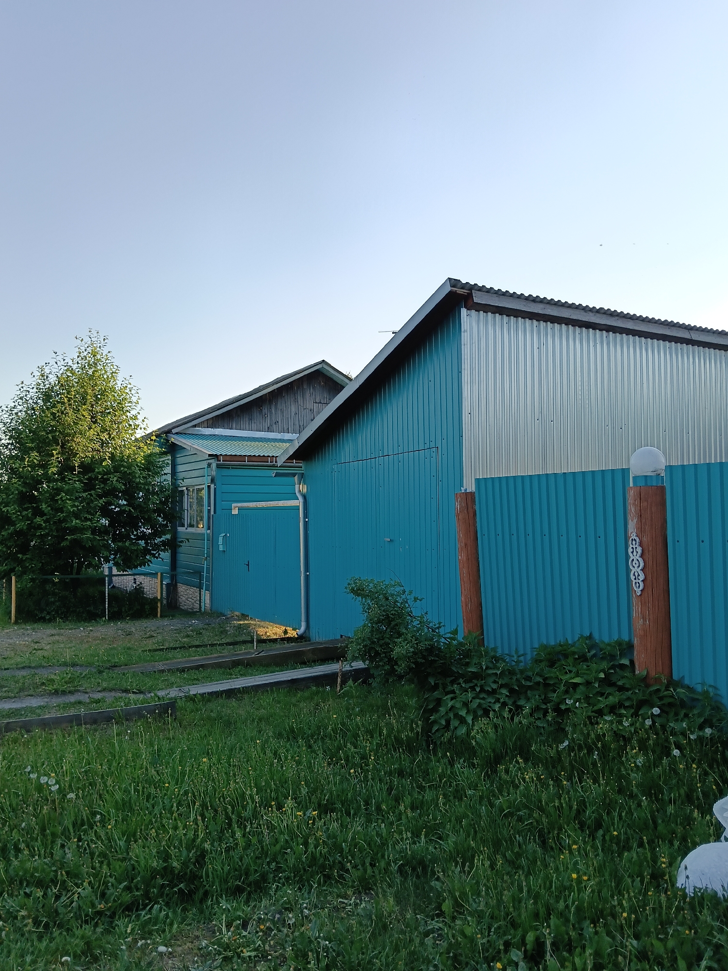 The image shows a rural scene in Красный Маяк, Russia. A turquoise-colored wooden house with a grey roof is partially obscured by a green tree. Attached to the house is a corrugated metal building with a silver upper section and a turquoise lower section. A turquoise corrugated metal fence stands next to the building, supported by wooden posts. Tall grass and weeds cover the foreground. A set of wooden planks are laid on the ground leading towards the house. The sky is pale blue.