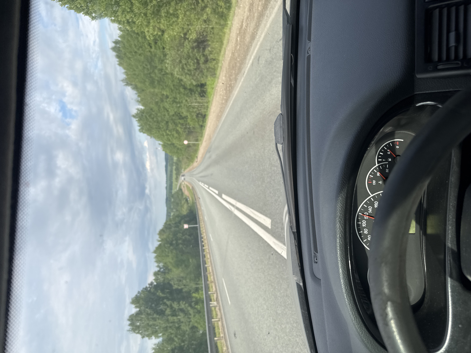 The image, taken from the interior of a vehicle, captures a forward-facing view of a long, straight road stretching into the horizon under a partially cloudy sky. The perspective is from the driver's side, with a significant portion of the car's dashboard and steering wheel visible on the right.
The road is paved, marked with distinct double solid white lines in the center, which transition to a single broken white line further in the distance. Lush green trees and foliage line both sides of the road, suggesting a forested or heavily vegetated rural environment. A metal guardrail can be seen along the right shoulder of the road. The sky overhead features large, soft grey clouds with occasional glimpses of lighter blue, indicating a partly cloudy, bright daytime setting, likely late morning or early afternoon.
Inside the car, parts of the dark-colored dashboard are visible, including an air vent and a segment of the black steering wheel. A speedometer is partially obscured by the steering wheel, displaying speed increments from 0 to 180 km/h. The needle rests near or at the 0 mark, suggesting the vehicle was stationary or moving very slowly when the photo was captured. A fuel gauge with markings 0, 0.5, and 1 is also visible. There are no people visible in the image.
The scene conveys a sense of travel or a journey along an open road, characteristic of a rural highway. Based on the provided context, the location is near Шумиха, Russia.