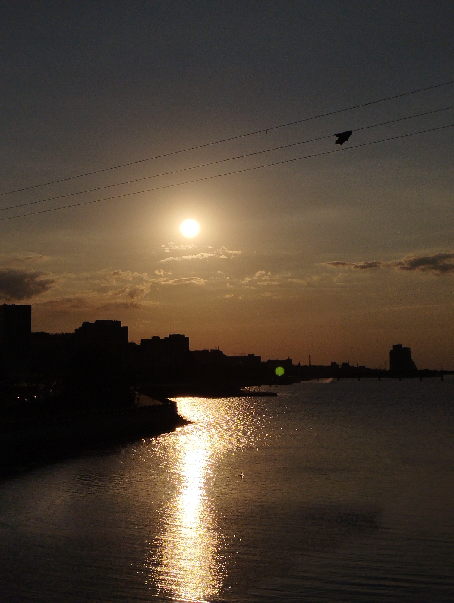 A silhouetted cityscape lines the horizon under a dusky sky as the sun sets over a body of water. The sun, a bright, luminous orb, is partially obscured by clouds and casts a shimmering reflection on the water's surface. Several buildings of varying heights are visible in the silhouette, some appearing as tall structures while others are lower and more spread out. Power lines stretch across the upper portion of the image, with a dark, amorphous object suspended on one of them. The water is calm, with gentle ripples disturbing its surface, and the overall atmosphere is one of twilight serenity.