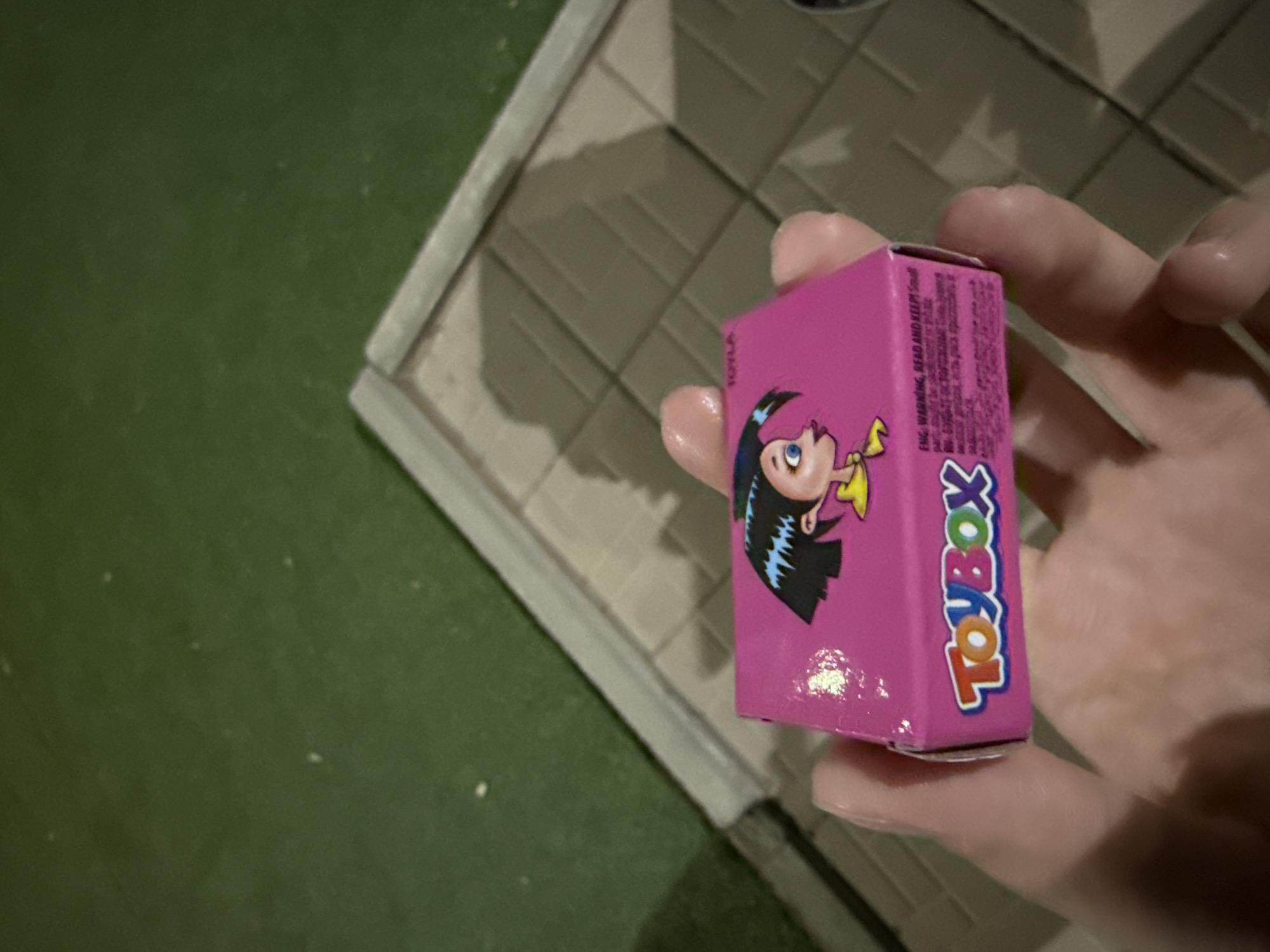 A hand holds a small, pink, rectangular box with the "ToyBox" logo on its side in bold, colorful lettering. The box features a cartoon illustration of a young girl with black hair and blue eyes. Text on the side of the box includes "WARNING: READ AND KEEP". The background is a dark green surface, possibly grass or artificial turf, with a portion of a light-colored, tiled surface visible to the right, casting a shadow. The lighting suggests it may be dusk or nighttime.