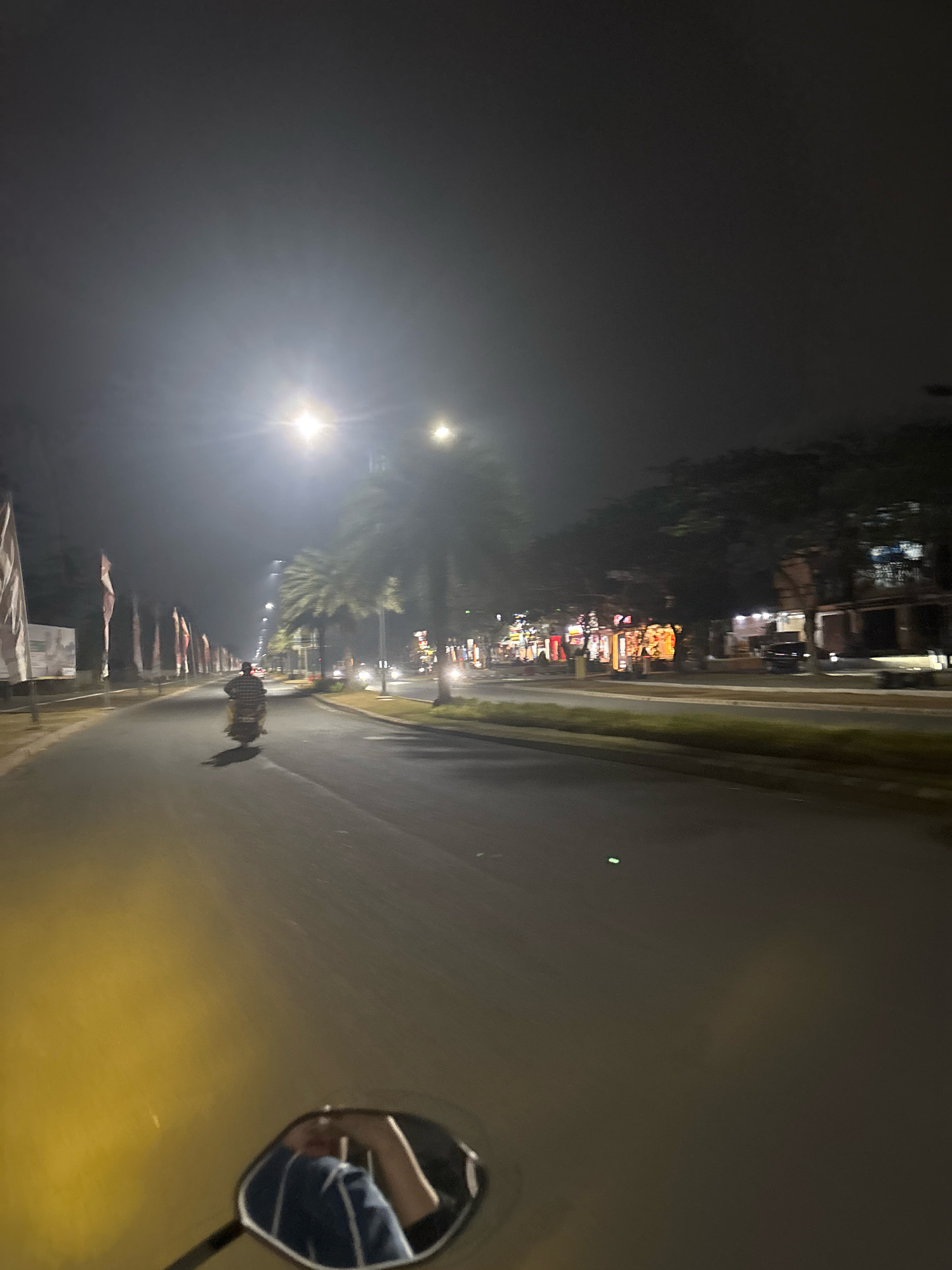 The image depicts a nighttime scene on a road in Telagamurni, Indonesia. The perspective is from a moving motorcycle, as evidenced by the reflection of the rider in the rearview mirror. The rider, wearing a striped blue and white shirt, is visible in the mirror. In front of the motorcycle, a lone individual is riding another motorcycle down the asphalt road.
To the left of the road, a series of flags on tall poles are visible, some with white and red designs. Beyond the flags, there are palm trees and streetlights illuminating the path. To the right of the road, there are buildings with brightly lit signs, suggesting commercial establishments such as shops or restaurants. The sky is dark and overcast, contributing to the nighttime ambiance. The road itself is illuminated by streetlights and the lights from the buildings, casting a yellow glow on the asphalt. The overall impression is a bustling urban street at night, seen from the viewpoint of a moving vehicle.