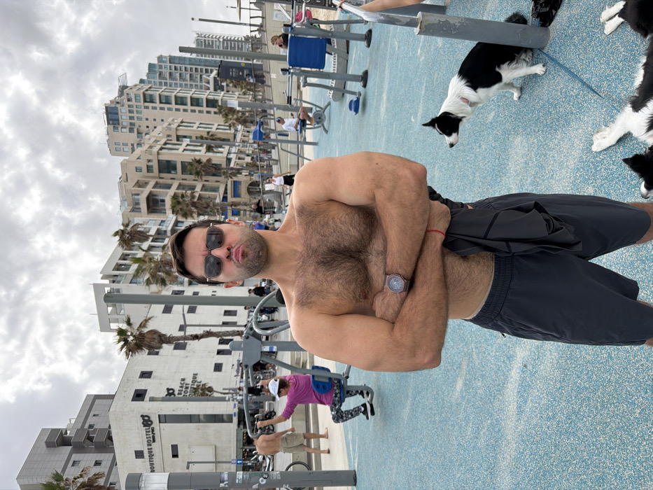 The image depicts an outdoor exercise area situated on the promenade in Tel-Aviv, Israel. The sky is overcast with a uniform grey cloud cover.
In the foreground, a shirtless adult male stands facing the camera with his arms crossed over his chest, left hand gripping a dark garment. He has dark hair, a short beard, and wears dark sunglasses, exhibiting a puckered lip expression. A dark-colored watch is visible on his left wrist, and a red string bracelet is on his right. He is wearing dark grey athletic shorts. The ground beneath him and the exercise equipment is a light blue, textured surface.
To the right of the main subject, a black and white Border Collie-type dog sits alertly, looking towards the right side of the frame. Partially visible in the bottom right corner is another black and white dog lying on its back, with a blue leash nearby.
In the mid-ground, several individuals are present, some utilizing outdoor exercise equipment. To the left, a female in a purple top and patterned leggings, wearing a white cap, is seated on a grey exercise machine, performing an arm exercise. Behind her, another shirtless male in light shorts stands near a different piece of equipment.
The background features a row of multi-story urban buildings, including a prominent white structure that reads "BOUTIQUE HOSTEL GO" and "BEACH FRONT BOUTIQUE HOTEL." Numerous palm trees are interspersed among the buildings and along the street, which separates the exercise area from the structures.
