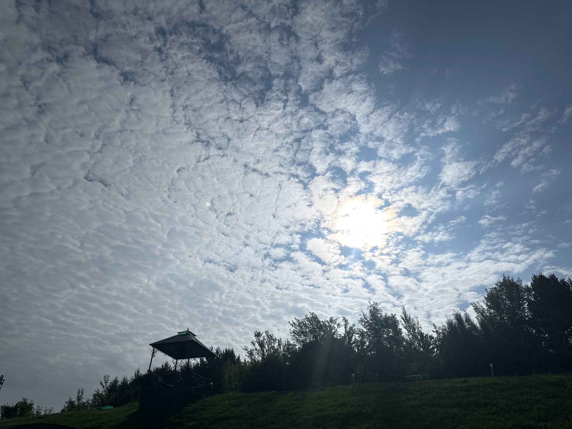 The image depicts a partially silhouetted landscape on a grassy hillside under a partly cloudy sky. In the lower left quadrant, a dark, ornate gazebo with a green roof stands on the crest of the hill. A line of dark trees runs across the middle ground, obscuring the background. The sun is visible in the upper center of the sky, partially obscured by white, textured clouds that form a pattern resembling ripples. The sky transitions from a bright blue near the sun to a darker blue at the top of the frame. The foreground is a grassy slope, with a dark shadow cast over it. There are no people or animals visible in the image. The setting appears to be a park or recreational area, possibly in the city of Danilovka (Altai), Russia, given the vegetation and the presence of a gazebo.