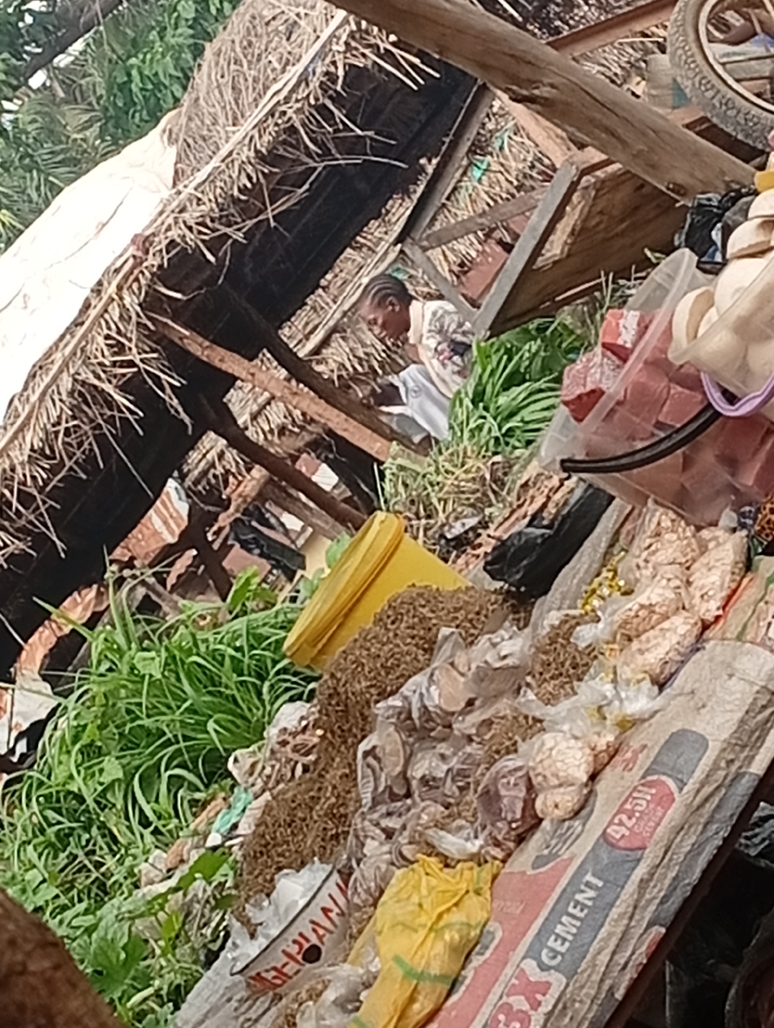The image depicts a bustling market scene in Andaha, Nigeria. A young person, likely a vendor, is partially visible behind a thatched-roof stall, engaged in a transaction. The stall is laden with various goods, including sacks of cement, plastic containers filled with food items, and heaps of dried grains or seeds. Lush green foliage surrounds the market, suggesting an outdoor setting. The ground appears to be uneven, with scattered debris and items suggesting active commerce. The overall impression is one of a vibrant and dynamic marketplace, a hub of economic activity within the community.
