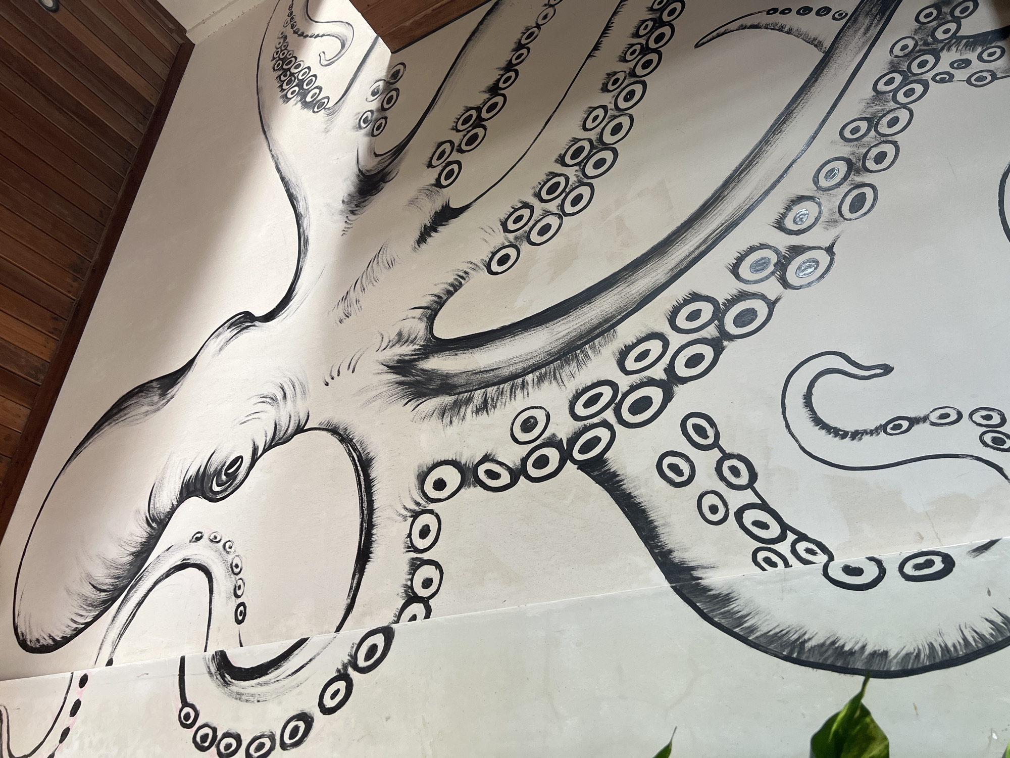 A large, black ink mural of an octopus is painted on a wall in North Kuta, Indonesia. The octopus is depicted in a dynamic pose, with its tentacles spread out across the wall. The mural is rendered in a monochromatic style, with varying shades of black and white creating a sense of depth and texture. The octopus's eyes are prominent, and its suckers are detailed with circular patterns. The wall itself appears to be a light, neutral color, and there are wooden panels at the top of the frame, suggesting an indoor setting possibly with a ceiling or upper wall. The lighting in the scene creates some shadows, adding to the artistic effect of the mural.