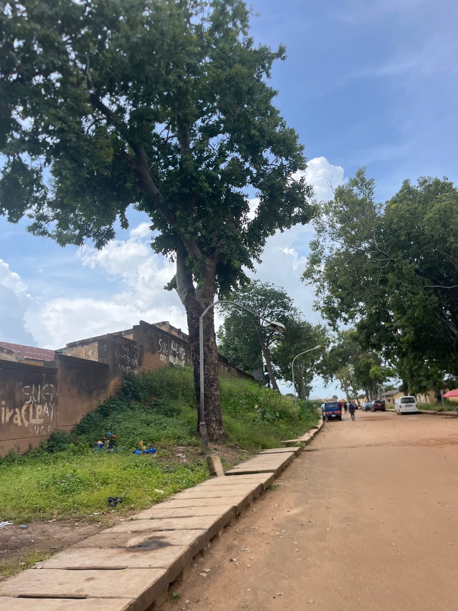 A tree-lined street in Rafin Par, Nigeria, with a dusty, reddish-brown dirt road dominates the foreground. To the left, a concrete sidewalk runs alongside a grassy embankment topped by a low, concrete wall covered in graffiti. A large tree with a thick trunk and dense green foliage grows on the right side of the embankment, its branches extending towards the sky. The sky above is a vibrant blue with scattered white clouds, some of which are puffy and cumulus-like.
Further down the road, several vehicles are visible. A blue truck is parked on the left side, and further ahead, a small group of people are walking. Other cars, including a white van and a dark-colored sedan, are also present on the road. The buildings lining the street appear to be simple, concrete structures. The overall impression is of a moderately busy, somewhat unkempt urban street scene. The presence of graffiti on the wall suggests a degree of casual public expression, while the scattered litter on the embankment hints at potential waste management issues. The natural elements, particularly the trees and the sky, offer a sense of the environment and climate of the location.