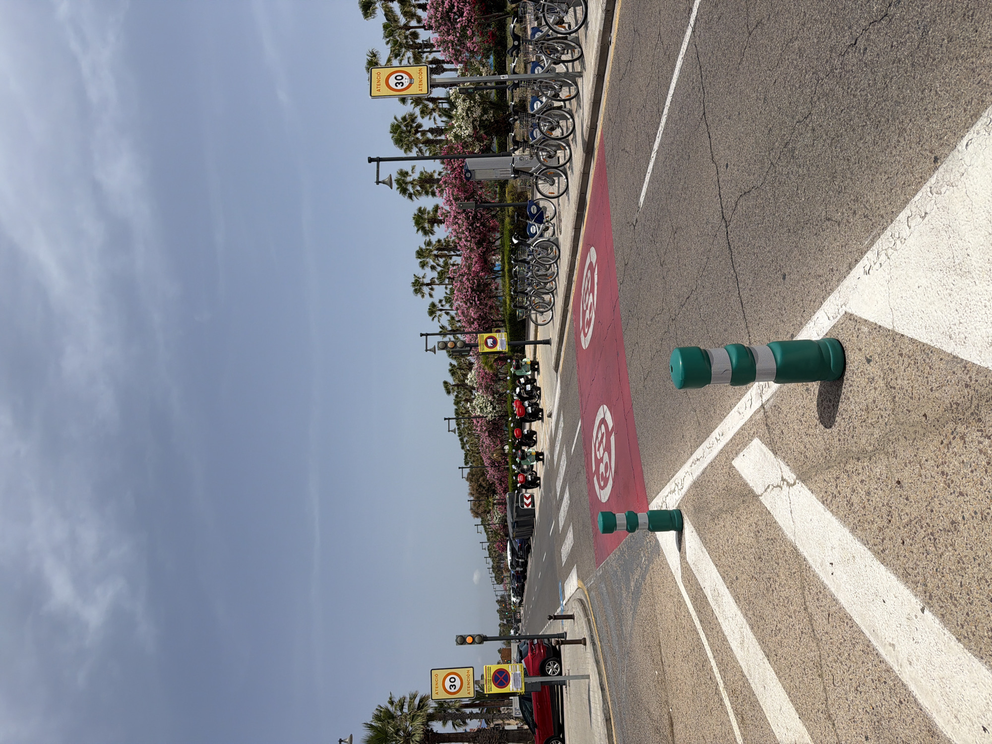 This image depicts a street scene in a city. A red car is parked on the left side of the road, and a row of parked motorcycles and scooters is visible further down the street. On the right side of the road, a row of bicycles is parked, suggesting a bike-sharing station. Traffic signs are present, including speed limit signs indicating "30 ATENCION" and a no-parking sign. Red and white bollards are placed on the road, demarcating a pedestrian crossing area. The road surface is asphalt with white markings. Palm trees and flowering bushes line the street, indicating a warm climate. The sky is clear with some scattered clouds. The scene appears to be set in a public area, possibly a boardwalk or street near a beach, given the palm trees and the general atmosphere.