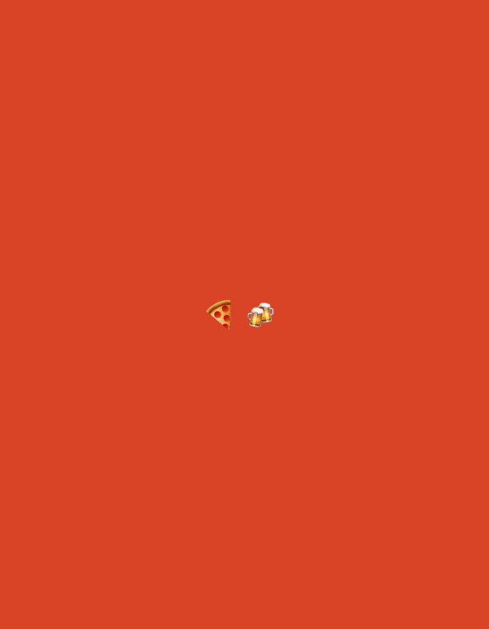 The image is a minimalist depiction of pizza and beer. A single slice of pizza, with pepperoni and cheese, is positioned to the left of two glasses of beer. The background is a solid, vibrant orange. There are no people, specific locations, or actions depicted in the scene.