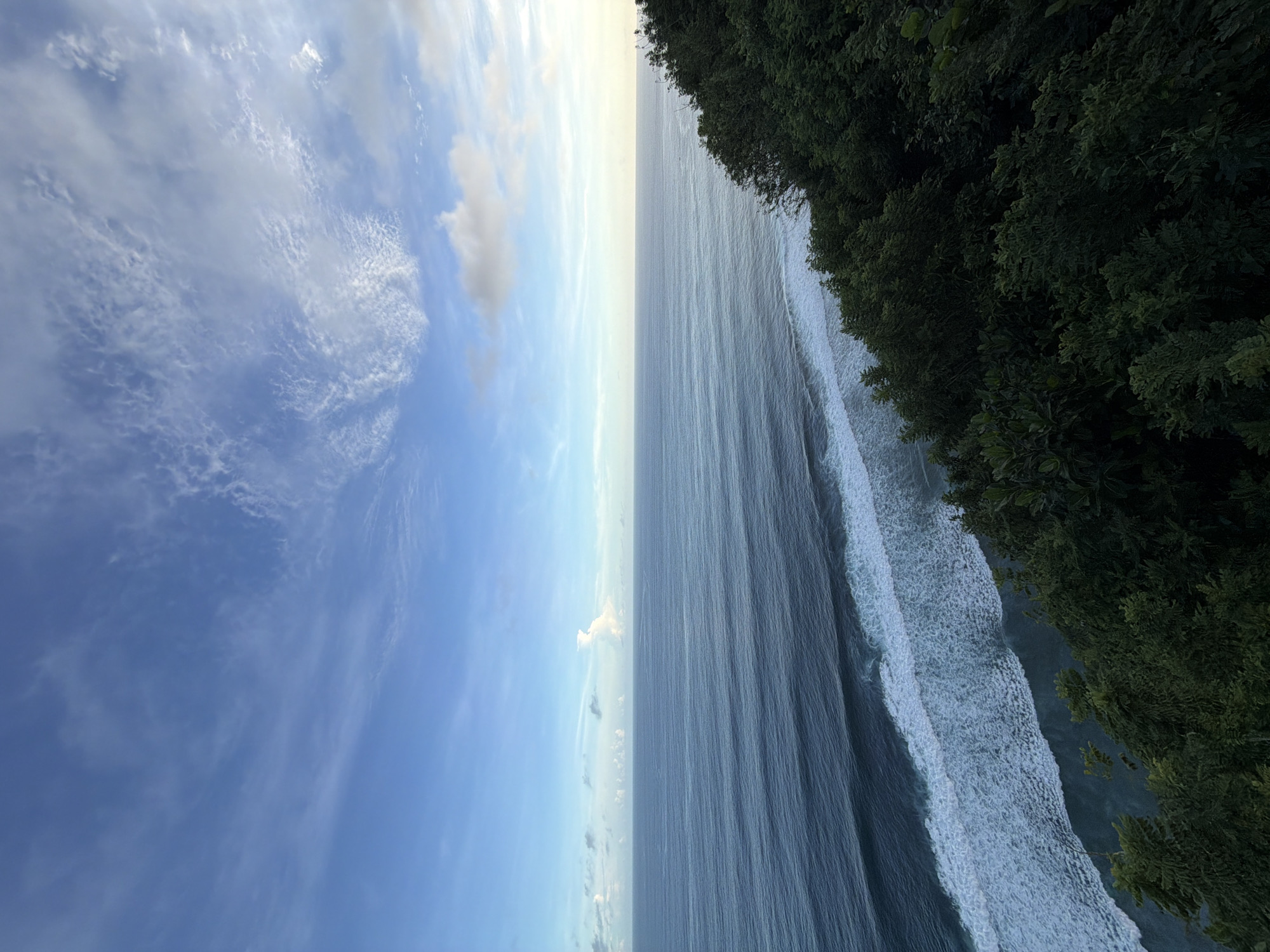 A vertical aerial view of a seascape with a land border along the right side of the image, taken in Kuta Selatan, Indonesia. The sky, showing scattered clouds against a blue backdrop, occupies the left portion of the frame. An open expanse of the sea, transitioning in hue from lighter to darker blues, extends vertically down the center of the frame. Whitewash from waves crashing forms a narrow strip parallel to the land's edge. Dense foliage, appearing a deep green, lines the right edge of the frame.