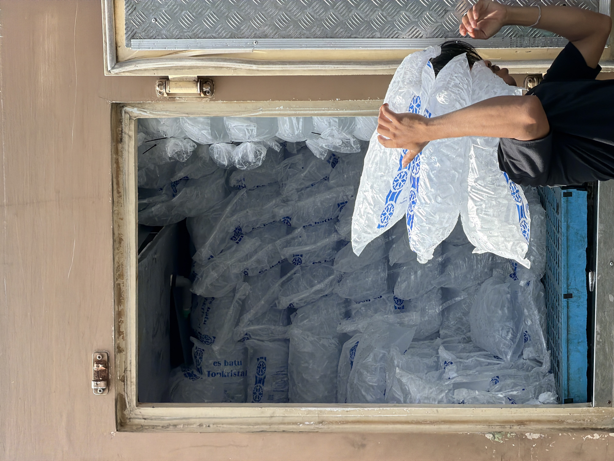 In North Kuta, Indonesia, a person is unloading bags of ice from a cooler. The cooler is open, revealing stacks of clear plastic bags filled with ice. Some bags have blue circular patterns printed on them. The person is wearing a black t-shirt and is carrying three bags of ice on their head and arms. The cooler is a light brown color and appears to be made of metal. The ground outside the cooler is not visible. The image is taken from a slightly low angle, looking up into the cooler.