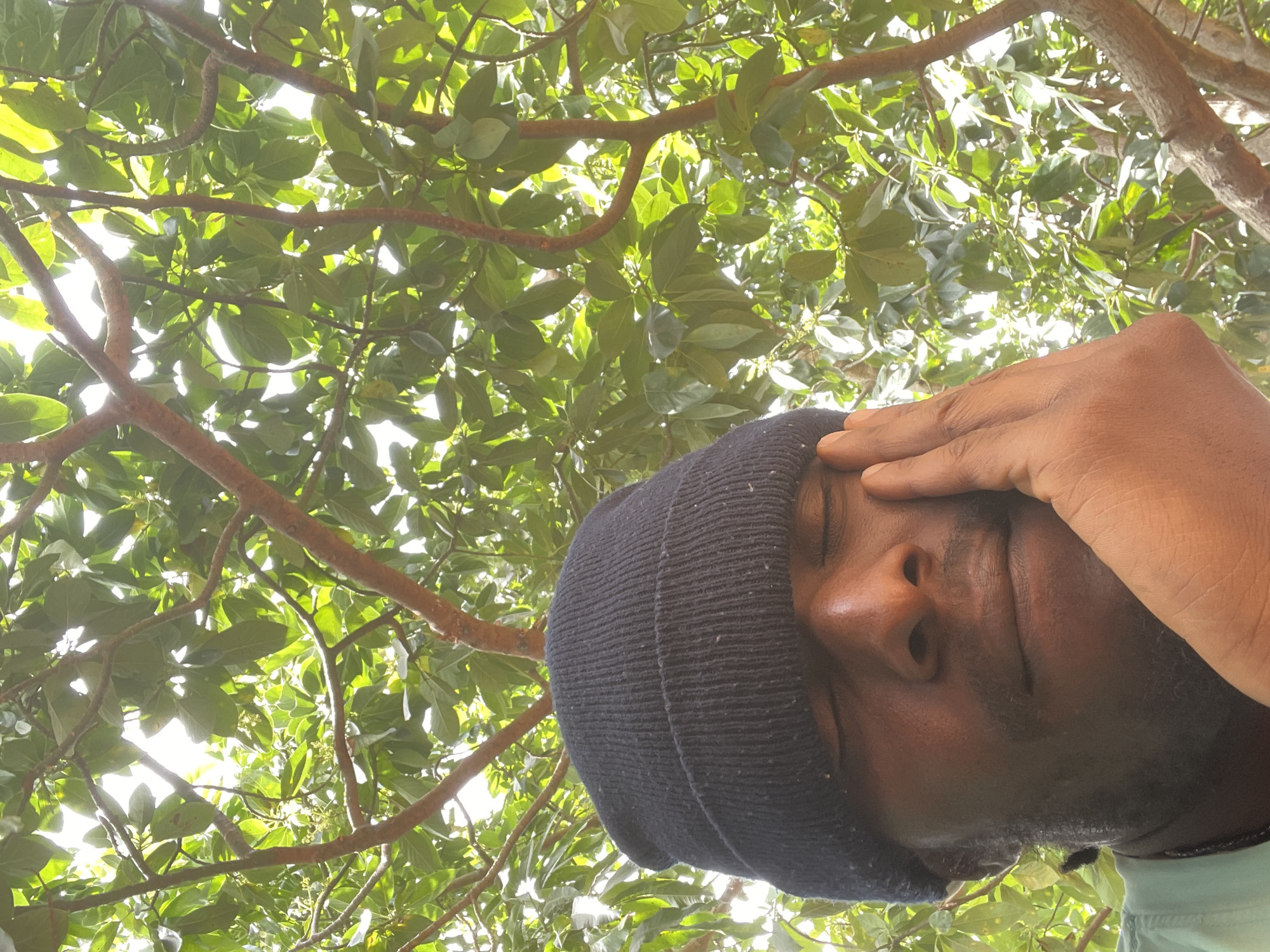 A person with dark skin, wearing a dark beanie, is looking up from a low angle. Their right hand is raised to their forehead, obscuring their right eye. The person appears to be standing under a tree, as branches and green leaves fill the background. The location appears to be Jos, Nigeria.