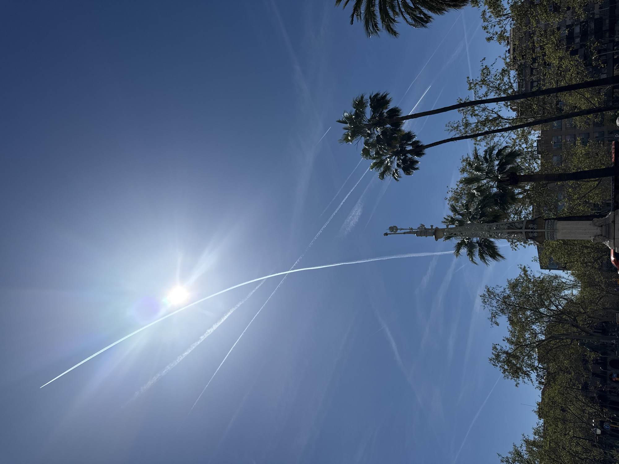 The image shows a low-angle shot of the sky above Barcelona, Spain, on a sunny day. The bright sun is visible in the upper left corner of the frame. Numerous contrails crisscross the clear blue sky. Several palm trees are visible, along with trees lining a street, and buildings in the background. At the bottom center, a monument is partially visible. The angle of the photo indicates it was taken from ground level.