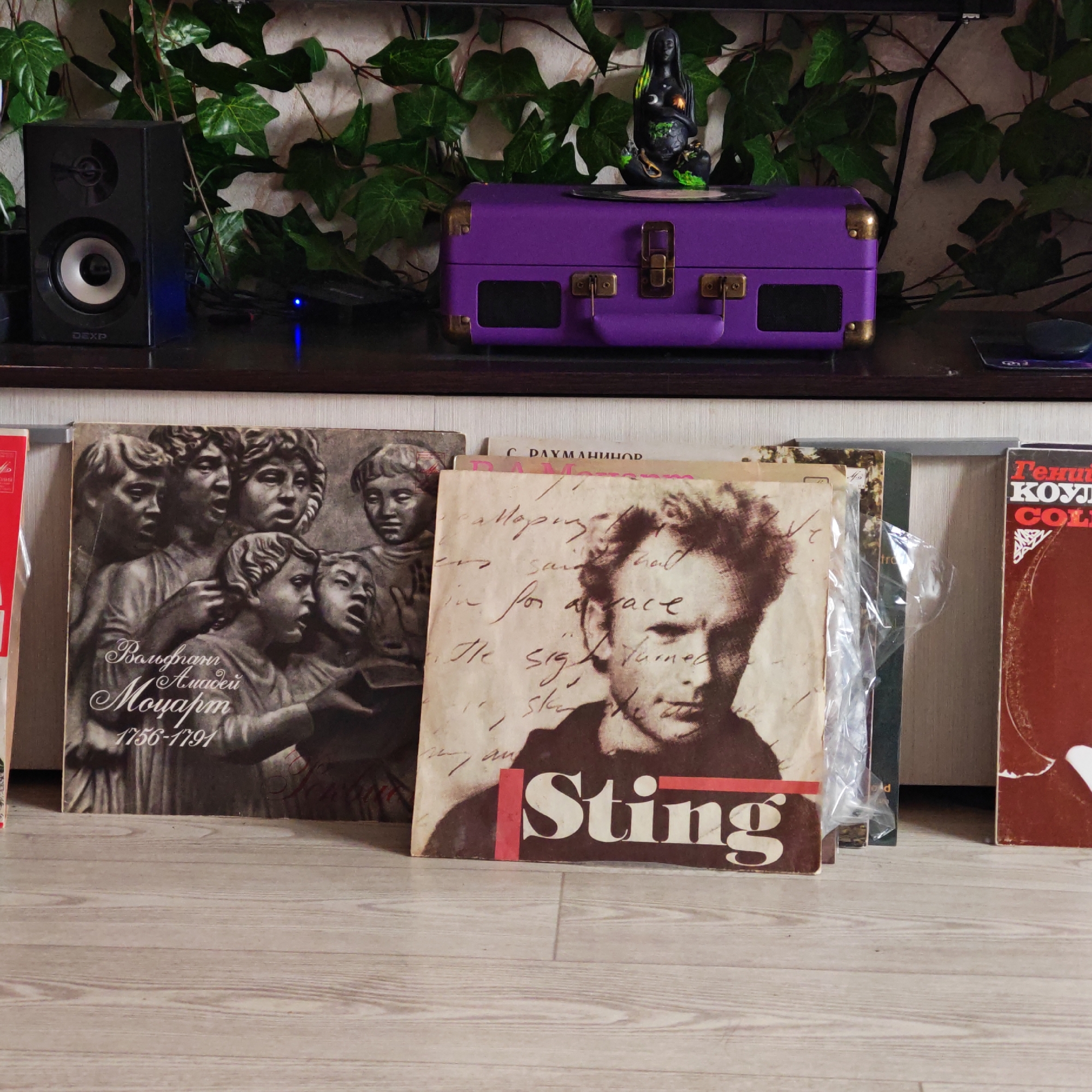 The image shows a collection of vinyl records leaning against a wall or shelf in what appears to be a room in Rostov, Russia. The records include "Wolfgang Amadeus Mozart" (1756-1791), "Sting", and a record with text in Cyrillic that includes "Рахманинов" (Rachmaninoff) and "Гений Коул" (Genius Cole). Behind the records on a shelf are a black speaker with the brand name "DEXP," a purple suitcase-style record player, a black statue of a mermaid, and some artificial foliage. The background wall is light-colored, and a flat-screen TV is visible on the shelf above the other items.