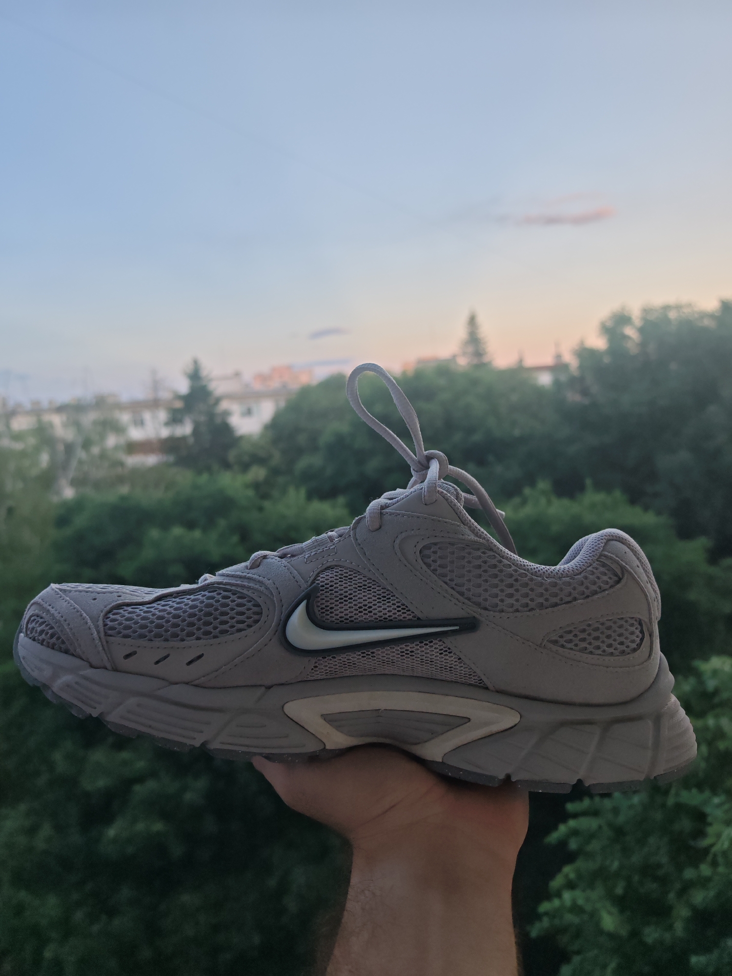 An adult's right hand holds a single light grey Nike athletic shoe aloft against an urban natural backdrop in the city of Shumen, Bulgaria. The shoe features a mesh and synthetic overlay upper, with a prominent white Nike "swoosh" logo outlined in black on the lateral side. The lacing system is visible, and the laces are tied in a simple knot. The sole unit is predominantly grey with subtle lighter grey accents and a multi-directional traction pattern. The hand, partially visible at the bottom right, appears to be holding the shoe from below. The background is out of focus, depicting dense green trees and foliage in the midground, with several indistinct residential buildings visible further in the distance. The sky above is a pale blue transitioning to a soft orange and pink hue near the horizon, characteristic of twilight.