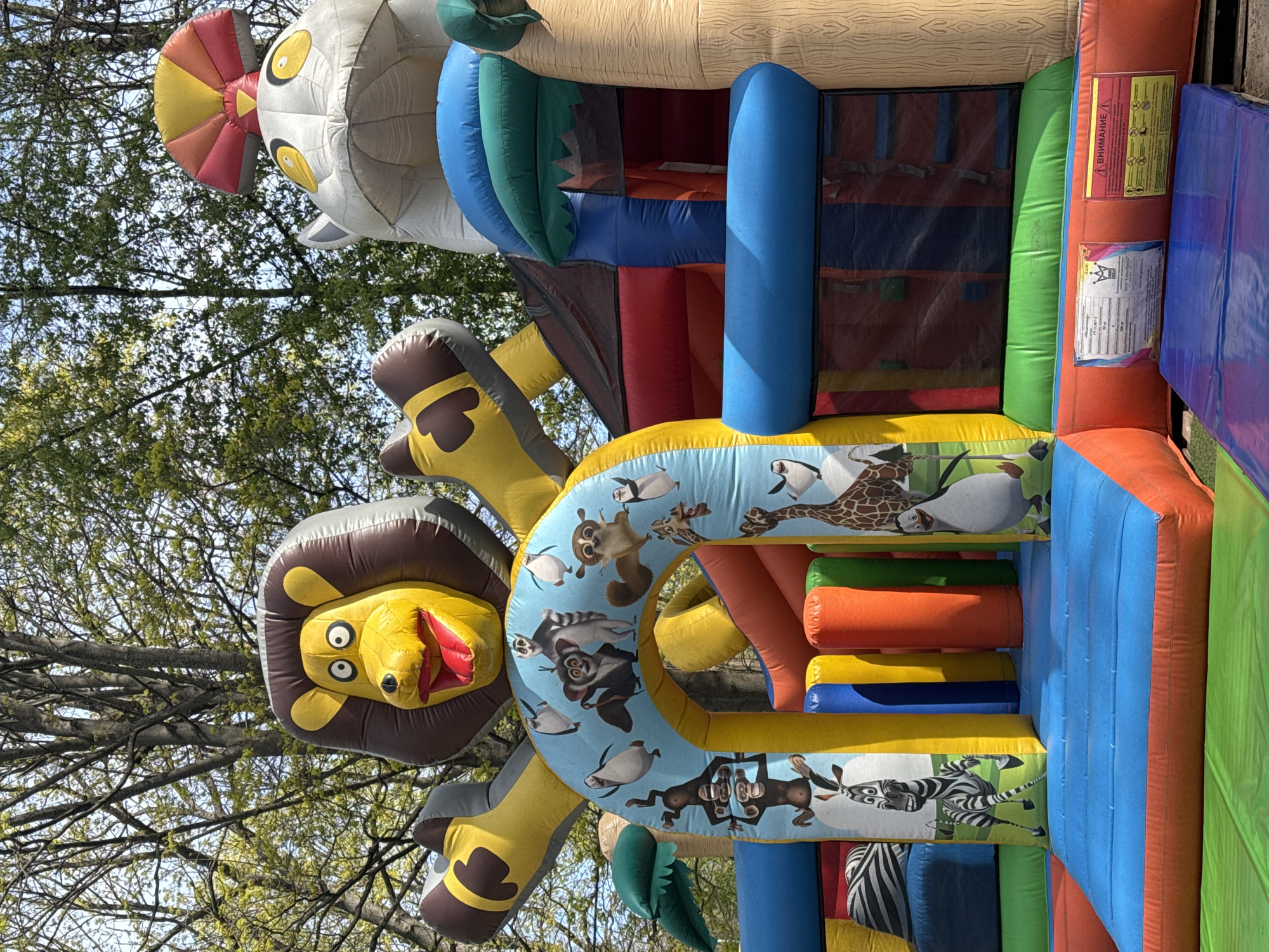 A multi-story, inflatable play structure featuring cartoon animal designs is situated outdoors, near trees. A lion's head is prominently displayed on the structure, along with other characters from the "Madagascar" movie franchise. The structure is multi-colored with blue, yellow, orange, green, and red sections. There is no evidence in the image to support the suggestion that the location is in the city of Saint Petersburg, Russia. The scene lacks any identifiable landmarks, signs, or other features to confirm a specific location.