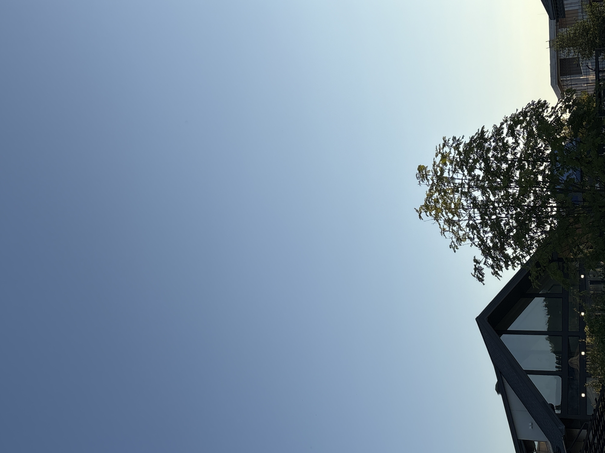 The image depicts a clear, pale blue sky dominating the upper two-thirds of the frame. In the lower third, a modern house with a dark, steeply pitched roof and large triangular windows is visible on the left. The windows reflect the surrounding trees and sky. To the right of the house, a leafy green tree stands tall, its branches reaching upwards. Further to the right, the edge of another building with a flat roof and a fence is visible. The scene suggests an outdoor setting, possibly a residential area, in a location such as Porech'ye, Russia, under a bright, clear sky.