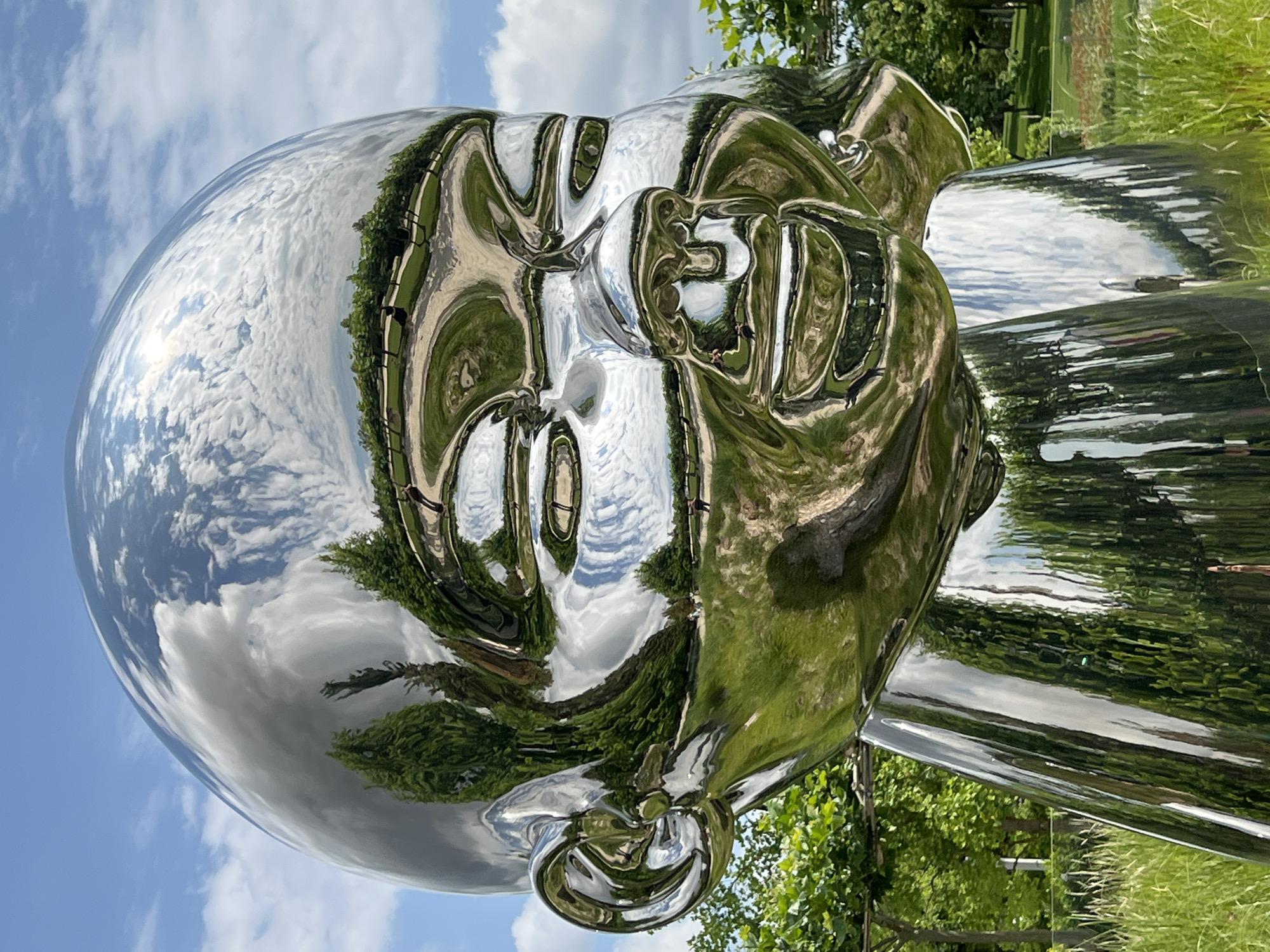 A polished chrome sculpture of a baby's head with a joyful expression sits in a green park under a blue sky with scattered clouds. The sculpture's highly reflective surface mirrors the surrounding environment, including trees, grass, and people walking on a path. The sculpture appears to be part of an outdoor art installation.