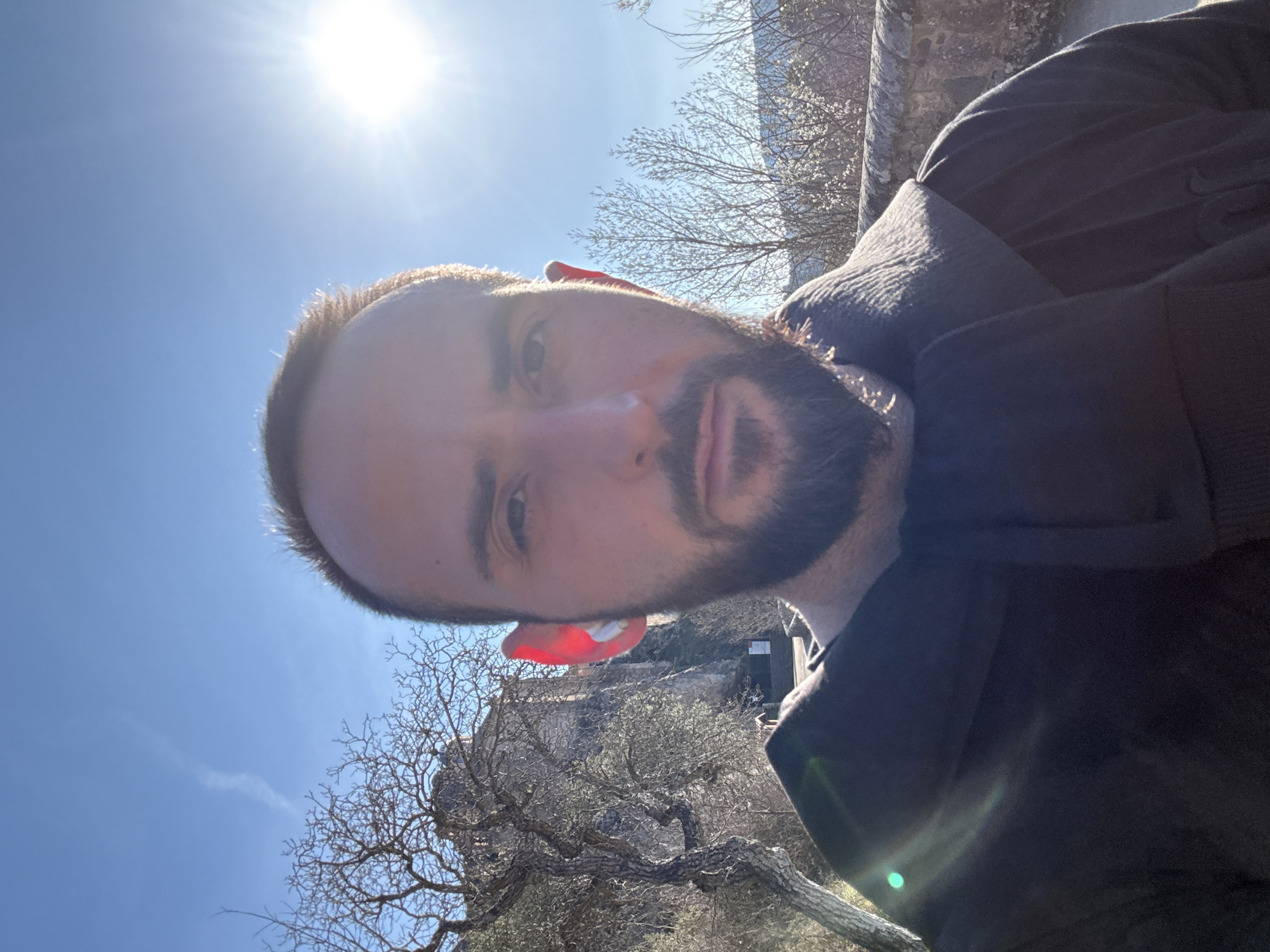 A male subject is captured in a front-facing selfie outdoors under a clear blue sky with intense sunlight emanating from the upper right, causing lens flare. He possesses dark hair and a beard, and a white wireless earbud is visible in his right ear, appearing reddish due to the strong backlighting. He wears a dark hooded garment.
The background on the left features a gnarled, bare-branched tree in the mid-ground. Beyond the tree, a weathered stone building, identified as the Hermitage of San Saturio, is visible on a rocky cliff face. The background on the right includes a low stone wall, behind which are additional bare-branched trees, some displaying early white blossoms. Distant hills are faintly visible through a slight haze. The location is a walking path or viewpoint in Soria, Spain, with the prominent Hermitage of San Saturio.