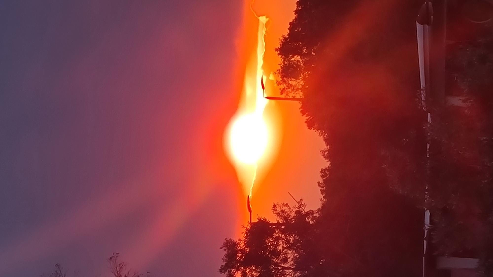A brightly lit streetlight is situated between tree branches and a light-colored building. The light overexposes the shot, and there is a purple and red sky in the background. The image appears to be taken at dusk or dawn. The location is identified as Lachish Regional Council, Israel.
