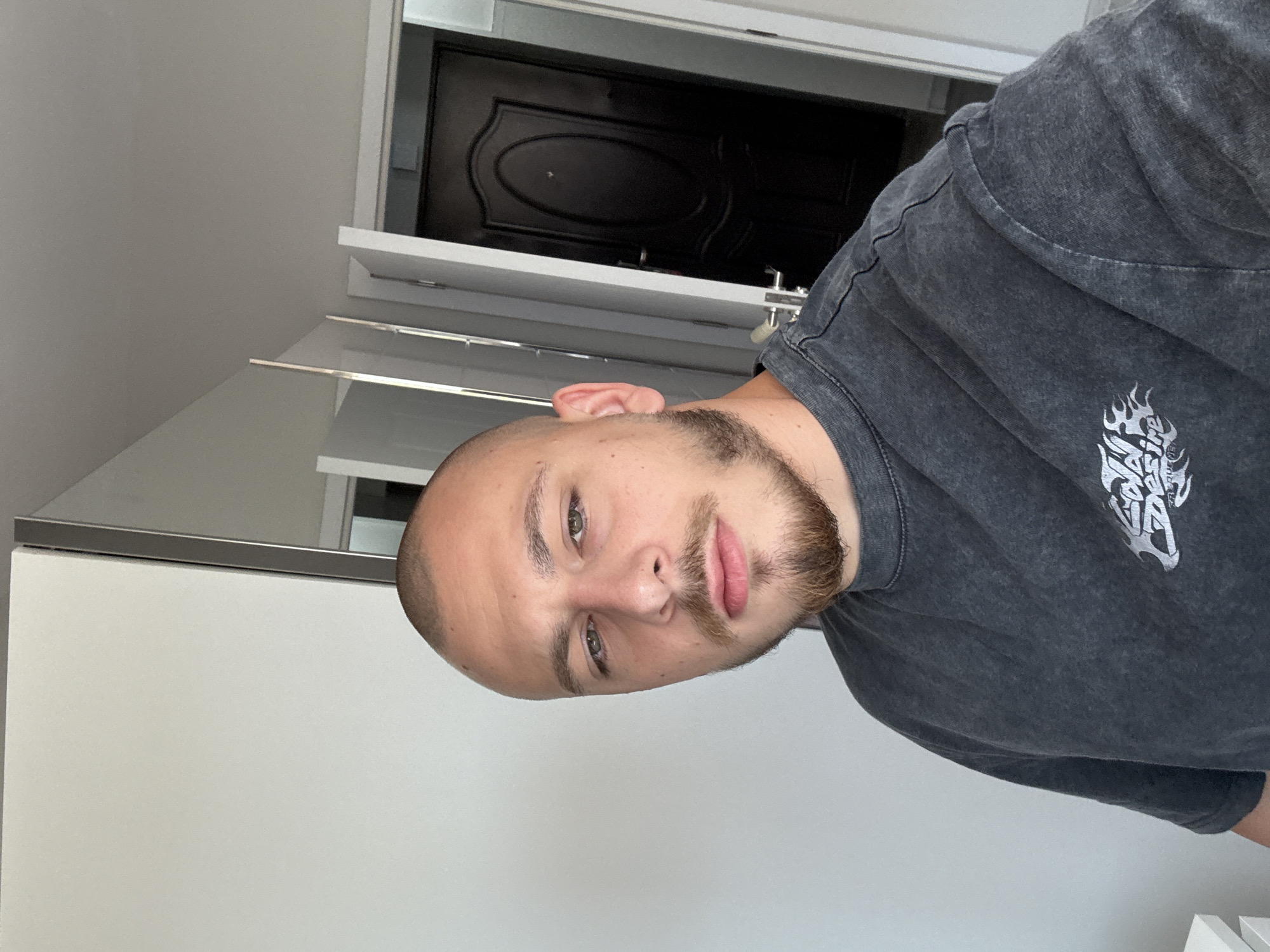 A young man with a shaved head and a beard is taking a selfie in what appears to be a room. He is wearing a dark grey t-shirt with a white graphic design on the left chest. The room has white walls and a large wardrobe with a mirrored door on the left side of the frame. In the background, there are several doors, one of which is a dark-colored door with an ornate design. The lighting suggests it is daytime. The scene is devoid of any recognizable landmarks or features that would indicate its specific location within the city of Stara Zagora, Bulgaria.