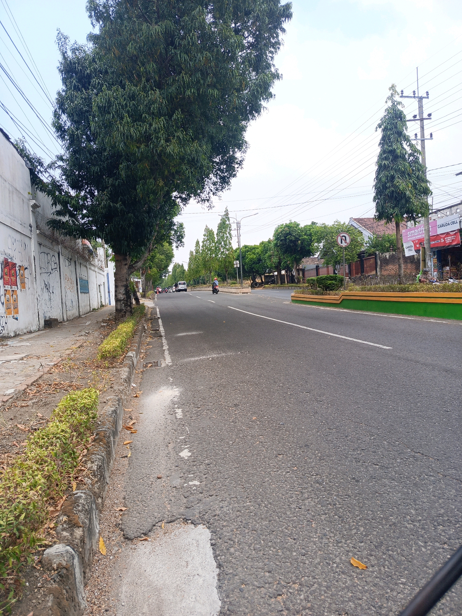 A street scene in Sukowinangun, Indonesia, features a paved road with a white lane marker. To the left, a sidewalk runs alongside a white wall covered in graffiti. Adjacent to the sidewalk is a strip of low green bushes and dry leaves. Tall trees with dense green foliage line the left side of the street. On the right side of the road, there are more trees, a traffic sign indicating "no U-turn," and buildings. Several vehicles, including a white van and motorcycles, are visible on the road, suggesting moderate traffic. The sky is overcast.