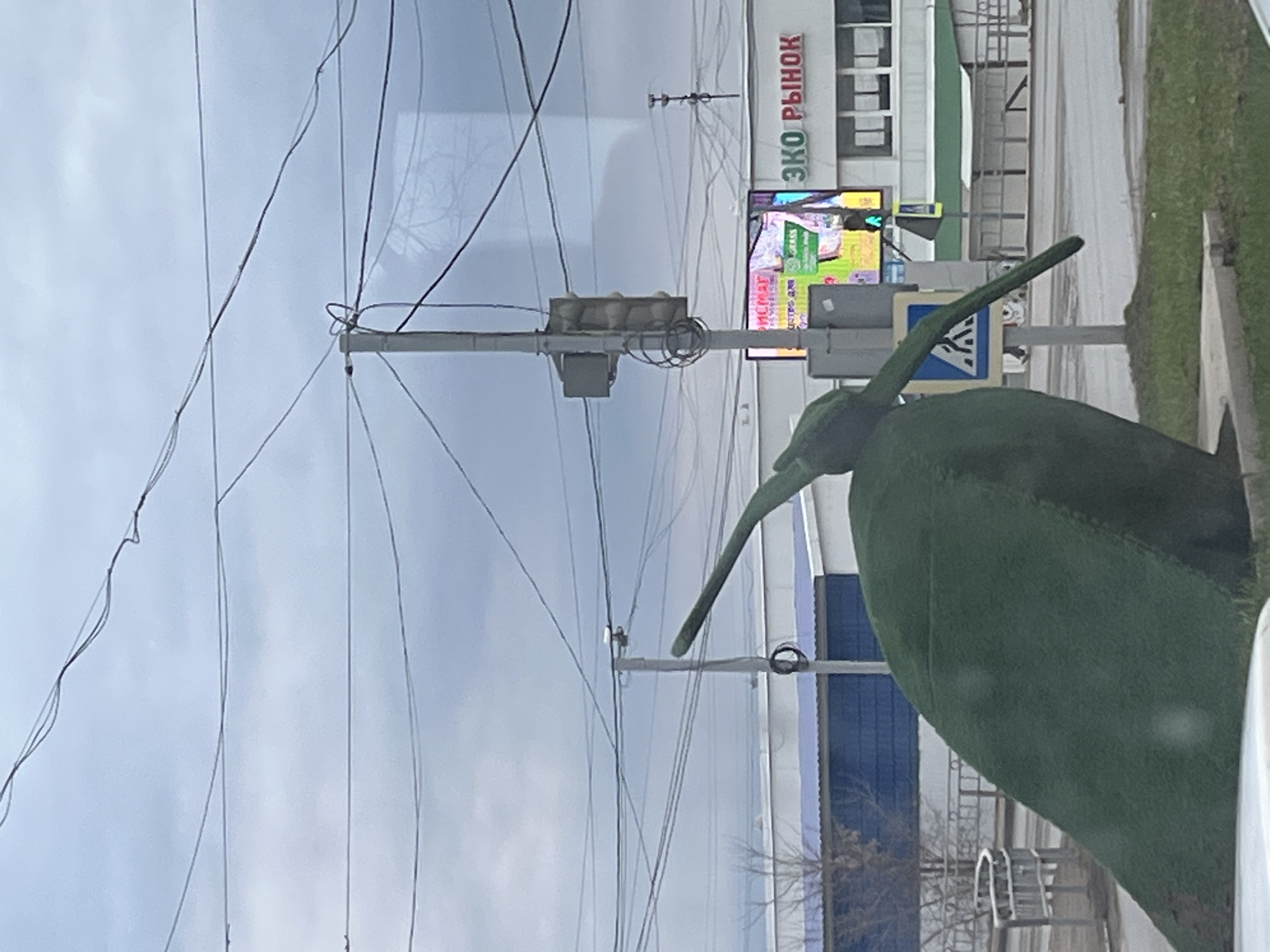 The image depicts an outdoor scene in the city of Chaikovsky, Russia, featuring a green, artificial pear-shaped sculpture in the foreground. Behind the sculpture, there's a pedestrian crosswalk sign, a traffic light, and a LED advertising screen. In the background, one can see a building with the words "ЭКО РЫНОК" (Eco Market) on it. The sky is overcast, and numerous power lines crisscross the view. The perspective suggests the photo was taken from a moving vehicle.