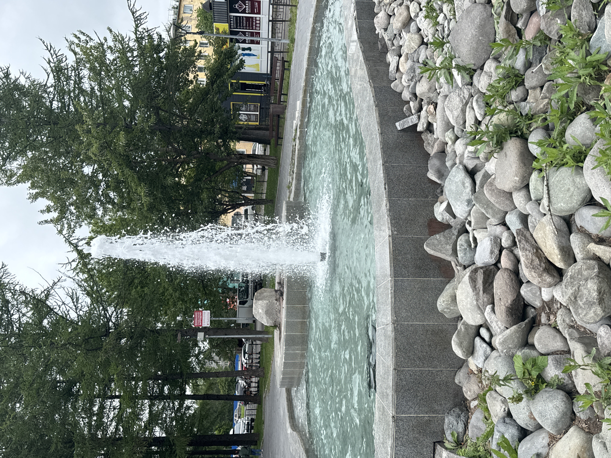 This image depicts an outdoor scene in the city of Sosnovka, Russia. A prominent feature is a large, circular fountain with a powerful jet of water spraying upwards in the center. The fountain's basin is surrounded by a decorative stone border, and beyond that, a rocky area with scattered green plants and small trees. In the background, several tall, coniferous trees line a paved walkway. Beyond the trees, a street with parked cars is visible, along with the facades of several buildings, including one with yellow walls and dark windows. A lamppost stands near the buildings. The sky is overcast.