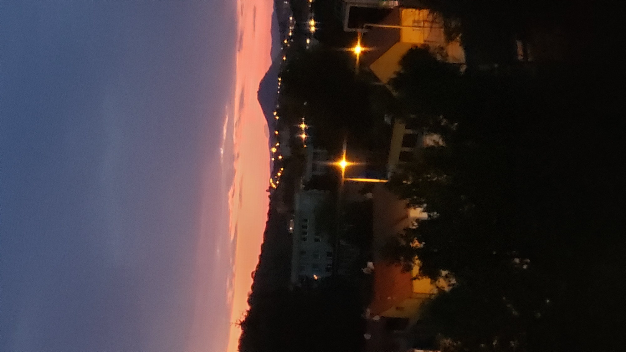 The image depicts a twilight scene over a cityscape, likely Prešov, Slovakia. The sky transitions from a deep blue at the top to vibrant pink and orange hues near the horizon, suggesting either sunrise or sunset. Silhouetted trees dominate the foreground, obscuring much of the lower portion of the scene.
In the midground, several buildings are visible, including a larger, lighter-colored structure that appears to be an apartment block or office building. Residential houses with illuminated windows and orange-toned roofs are also present. Streetlights, visible as bright starbursts, illuminate various parts of the city, indicating an urban environment. In the distance, a prominent hill or mountain with a distinct peak is outlined against the colorful sky, possibly the Čergov mountains. The overall impression is one of a quiet evening in a moderately sized town or city. There are no people or animals clearly visible in the image.
