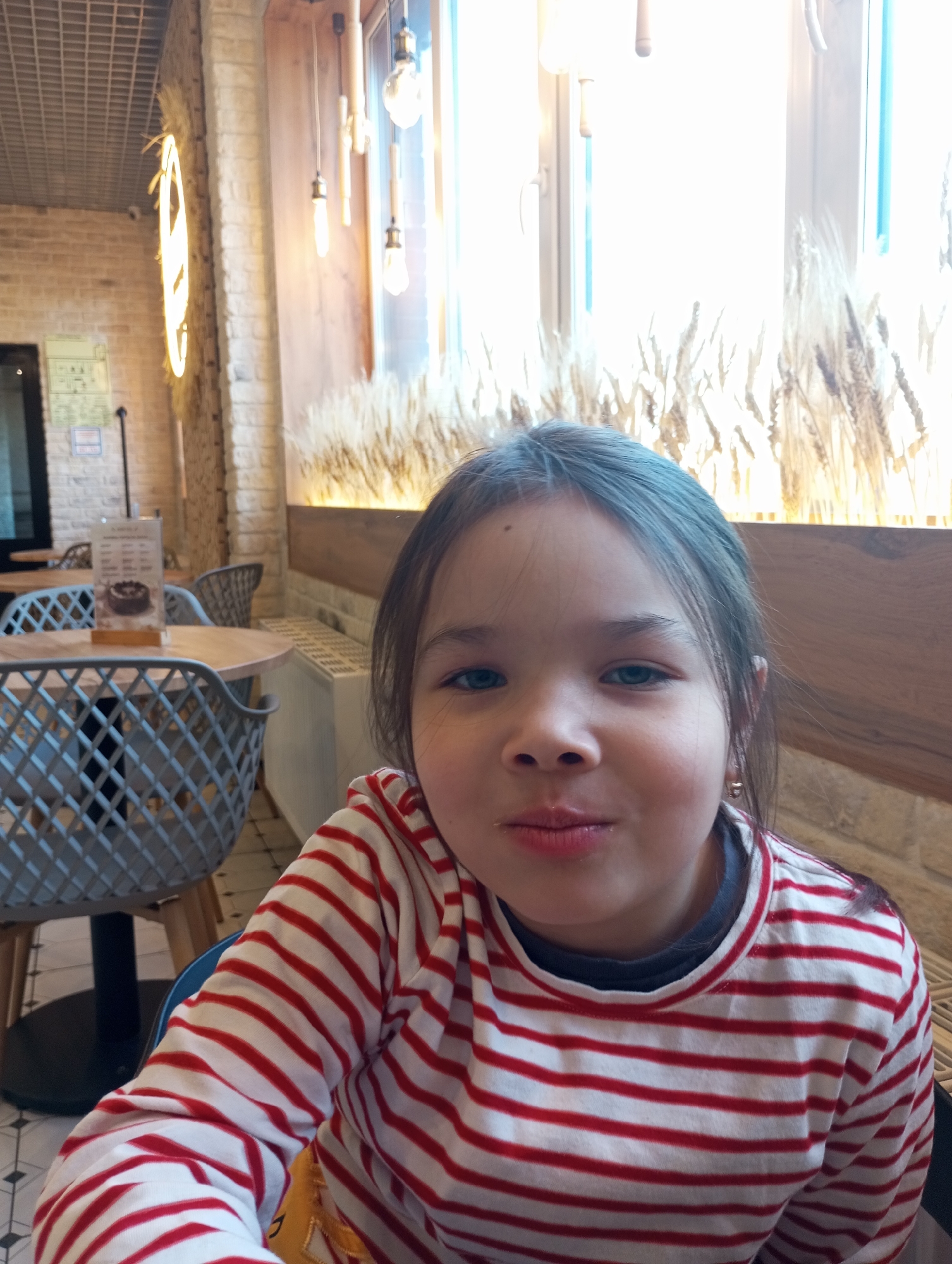 A young child with fair skin, blue eyes, and dark hair is the primary subject of this indoor photograph. The child is wearing a red and white striped long-sleeved shirt with a dark collar. The child appears to be seated at a table in what seems to be a café or restaurant. A gray, lattice-patterned chair is partially visible.
In the background, there is a table with chairs, suggesting other seating arrangements. A menu stand sits on the table. The background features brick walls, a decorative light fixture, and large windows with decorative wheat-like stalks near the window frames.
There is no information in the photograph to definitively place this scene in the city of Pervomaysky, Russia. Therefore, the city cannot be confirmed.