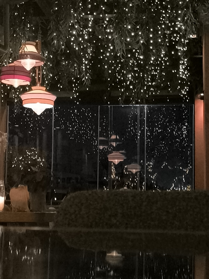 The image captures a serene nighttime scene, likely from a restaurant or an event space in Palaio Faliro, Greece. The foreground features a dark, reflective surface, possibly a polished table or a water feature, reflecting the ambient lights. Above this, a dark, textured, hedge-like element spans horizontally across the frame.
The dominant features of the upper half of the image are numerous small, white fairy lights or string lights interwoven with green foliage, creating a dense, twinkling canopy overhead. Hanging from this canopy, to the left, are three distinctive, multi-colored pendant lamps. These lamps have a mid-century modern aesthetic, with layered shades in shades of pink, orange, and cream, emitting a soft, warm glow.
Behind the immediate interior space, large glass panels or windows reveal more of the outside, which is also illuminated by numerous small, distant lights, creating a sparkling backdrop. Through these windows, reflections and distant objects can be vaguely discerned, including more hanging light fixtures similar to those inside, suggesting an expansive decorated area. To the far left, a soft, warm light from what appears to be a candle or small lamp sits on a wooden surface, adding to the cozy atmosphere.
The time of day is clearly night or late evening, highlighted by the dark background and the prominence of artificial illumination. The overall ambiance is festive, warm, and inviting, suggesting a leisurely dining or social setting. No people or visible text are present in the image.