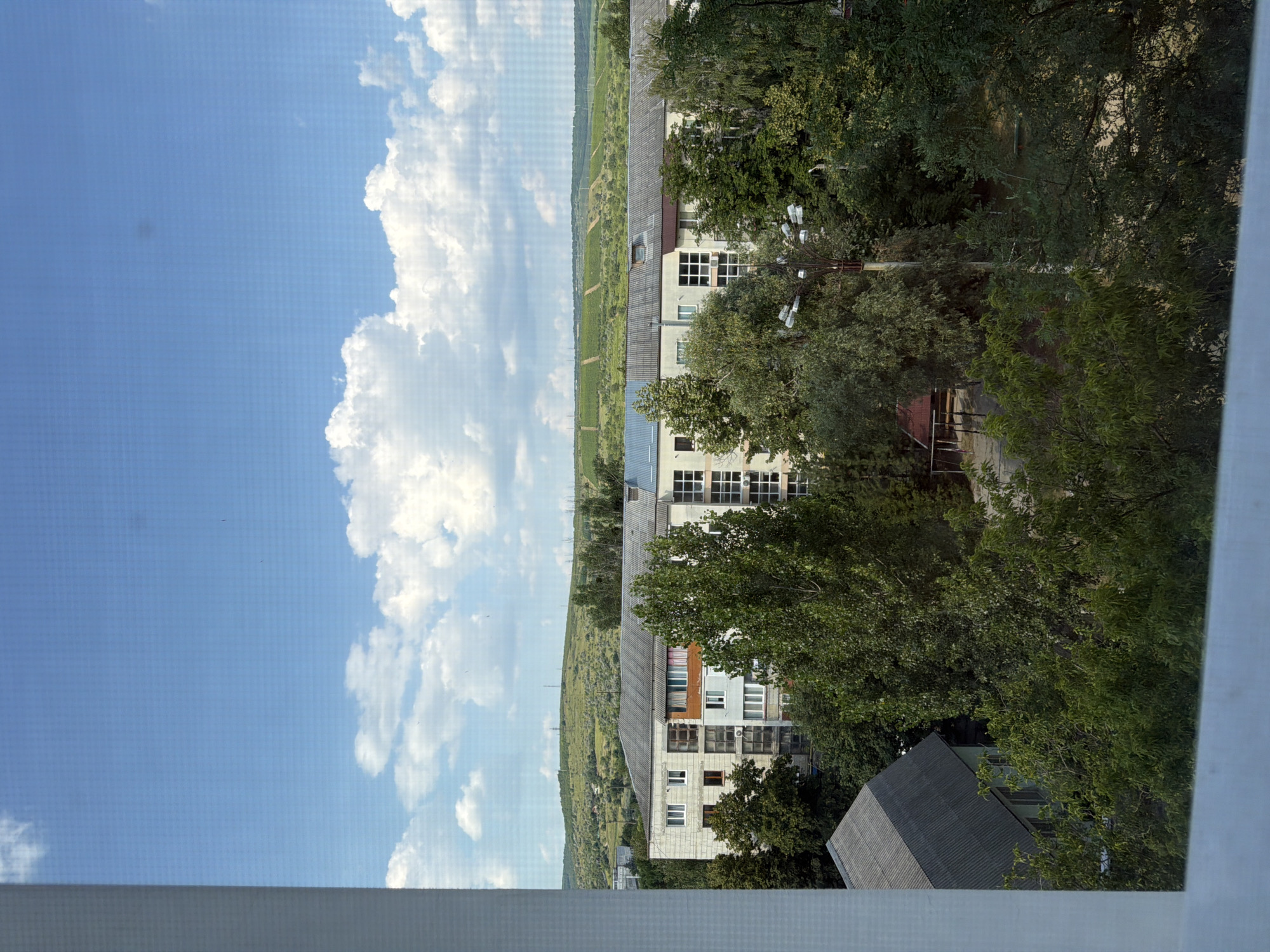 The image captures a view of apartment buildings and surrounding greenery under a bright blue sky with scattered white clouds. In the foreground, a portion of a white window frame is visible on the left, suggesting the photograph was taken from inside a building.
The central focus is on a row of multi-story apartment buildings. These buildings appear to be constructed from light-colored blocks and have numerous windows. Some sections of the buildings display different facade treatments, including orange and blue panels, and variations in window styles and colors. The roofs are predominantly gray and tiled.
In front of and around the apartment buildings, lush green trees are abundant, forming a dense canopy that partially obscures the lower floors of the structures. A sloped, gray roof of a smaller building is visible in the lower left portion of the image, nestled amongst the trees.
Beyond the apartment buildings and trees, a gently sloping, verdant landscape unfolds. This landscape appears to be cultivated fields, possibly vineyards, with distinct rows and contours creating a terraced effect. Further in the background, rolling hills with sparse vegetation and scattered utility poles are visible against the horizon. The overall environment suggests a semi-urban or suburban setting within the city of Strășeni, Moldova, characterized by a mix of residential architecture and natural landscapes.