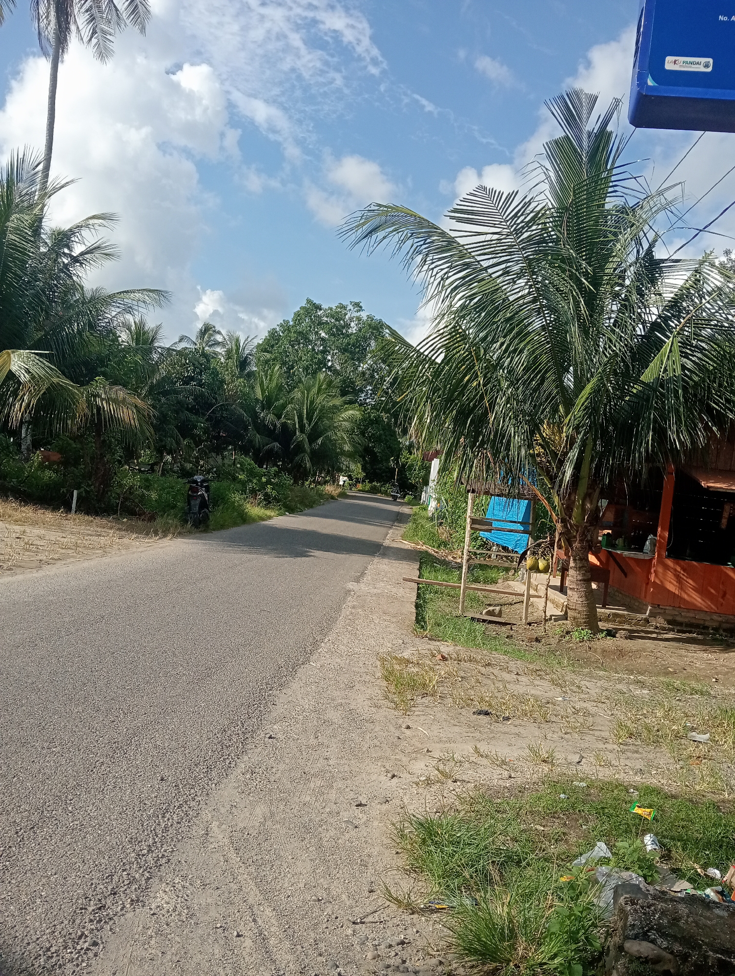 The image depicts a paved road in Campago, Indonesia, bordered by lush vegetation and palm trees. A motorcycle is parked on the side of the road. To the right, a small orange building with a wooden structure in front of it is visible. The sky is blue with scattered white clouds. The scene appears to be a rural or semi-rural area with a sense of tranquility.