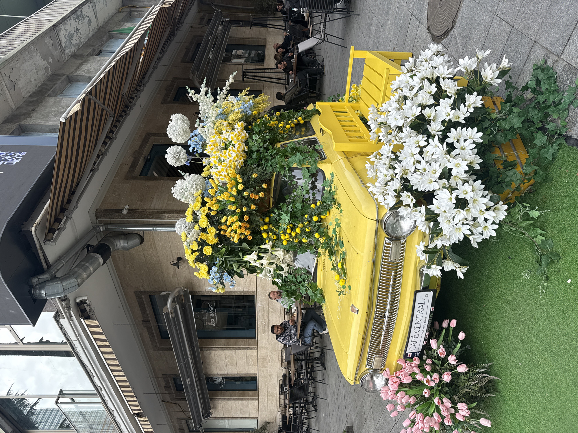 A yellow car, heavily decorated with various flowers, is the focal point of the image. White, yellow, and blue blooms, along with green foliage, fill the car and the surrounding area. A license plate attached to the front bumper reads "CAFE CENTRAL". There's an artificial grass patch adjacent to the car with pink tulips.
In the background, people are seated at outdoor cafe tables. The cafe appears to be built into a light-colored stone building with awnings.
The image is taken outdoors, likely in the city of Batumi, Georgia.
