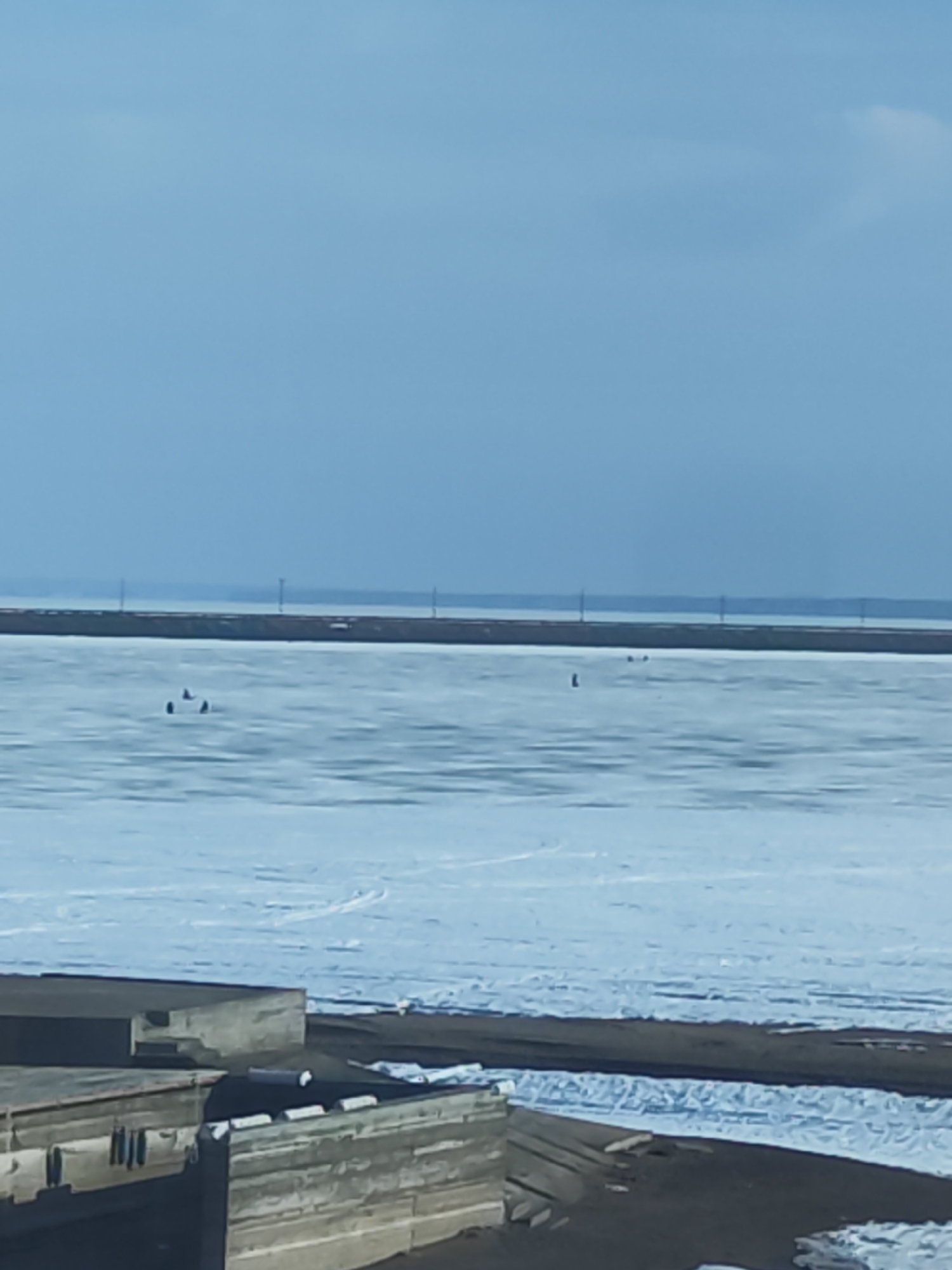 The image shows a winter scene near the city of Chaikovsky, Russia, with a frozen body of water (likely the Kama River or a reservoir) occupying most of the frame. The water surface is covered in ice and snow, with some areas appearing smoother and others rougher, indicating varying conditions of the ice. Several dark figures are visible on the ice, likely people ice fishing. In the middle distance, a low landmass is visible, punctuated by what appear to be utility poles running along its length. In the foreground, there's a partially visible concrete structure, possibly a building or part of the shoreline infrastructure. The sky is overcast, with shades of light blue.