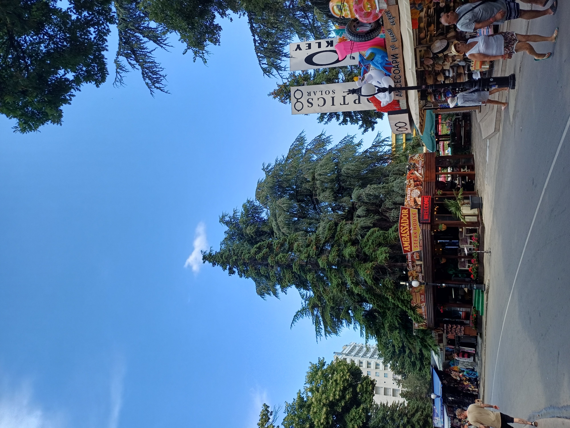 This is a vertical, eye-level, outdoor shot of a street scene in Varna, Bulgaria, under a bright blue sky with a few wispy clouds. Large, mature coniferous trees line the left side of the street, their branches reaching towards the sky and partially obscuring the view of a modern, white high-rise building in the distance.
The street itself appears to be a pedestrian walkway or promenade adjacent to a road. On the right side of the street, there is a row of shops and stalls. Several signs are visible, including one for "AMBASSADOR STEAK HOUSE" and another for "OPTICS SOLAR". There are also signs with Cyrillic text, such as "АКСЕСОАРИ за всеки сезон" (Accessories for every season). The stalls are displaying various goods, including clothing and souvenirs.
A few people are visible in the scene. Two individuals are walking away from the camera on the right side, appearing to be tourists. Another person is seen walking towards the camera in the lower right corner, holding a smartphone. The presence of shops selling souvenirs, the steakhouse, and the general atmosphere suggest a popular tourist area, likely a promenade near a beach or resort. The bright sunlight indicates it's daytime, likely midday or early afternoon. The weather appears to be pleasant and warm.