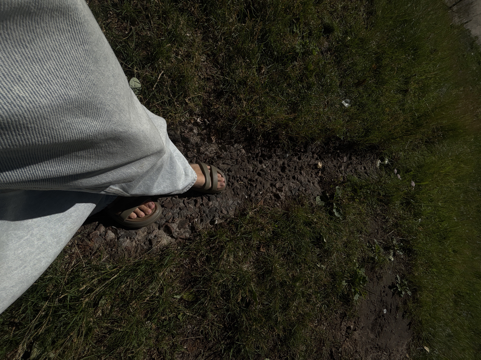 An overhead shot captures a person's feet, clad in light-wash denim jeans and olive-green slide sandals, standing on a dirt path bordered by grass. The path appears somewhat muddy and uneven, with small stones and fallen leaves visible. The grass is a mix of green and dry blades, with a few small white flowers scattered throughout. The scene is lit by natural sunlight, casting shadows across the path and grass. There is no indication of the specific location within Yoshkar-Ola, Russia.