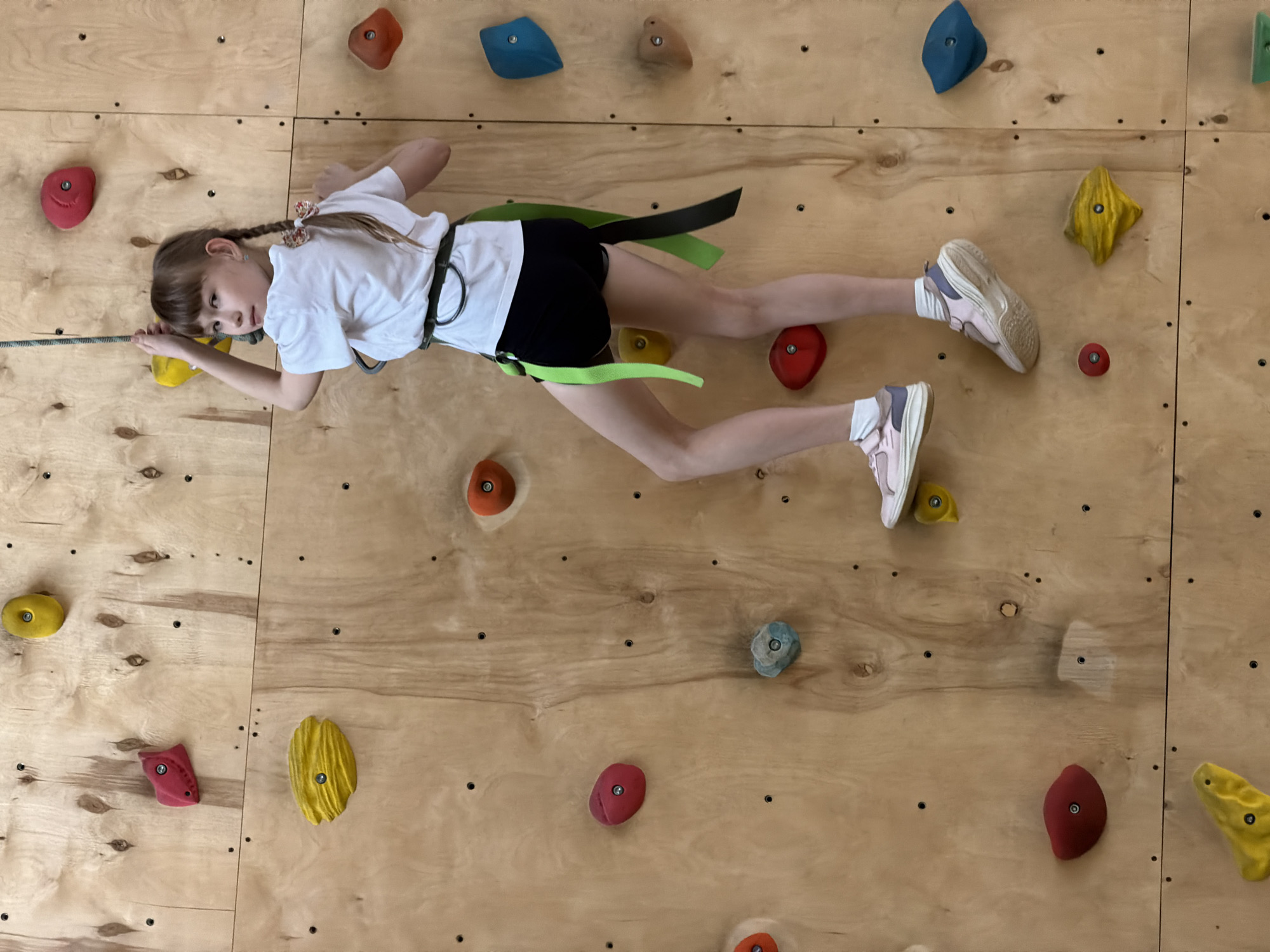 A young girl is depicted rock climbing on an indoor wooden climbing wall in Izhevsk, Russia. She is lying horizontally on her stomach, with her head turned to face the viewer. The girl has light brown hair styled in two pigtails with colorful hair ties and is wearing a white short-sleeved t-shirt, black shorts, and pink and beige sneakers with white socks.
She is equipped with a climbing harness, which is black with neon green straps, indicating she is secured for climbing. A rope is visible near her left hand, which is gripping a yellow climbing hold. Her right arm is bent, with her hand positioned near her head. Her legs are extended across the wall, with her feet positioned near other climbing holds.
The climbing wall itself is made of light-colored wooden panels, covered with numerous brightly colored climbing holds in shades of red, yellow, blue, orange, and green, varying in size and shape. The setting is clearly an indoor climbing gym, characterized by the artificial wall and climbing gear. The lighting is bright and even, typical of an indoor facility. The girl's expression is neutral and calm, suggesting focus during the activity. No visible text is present in the image.