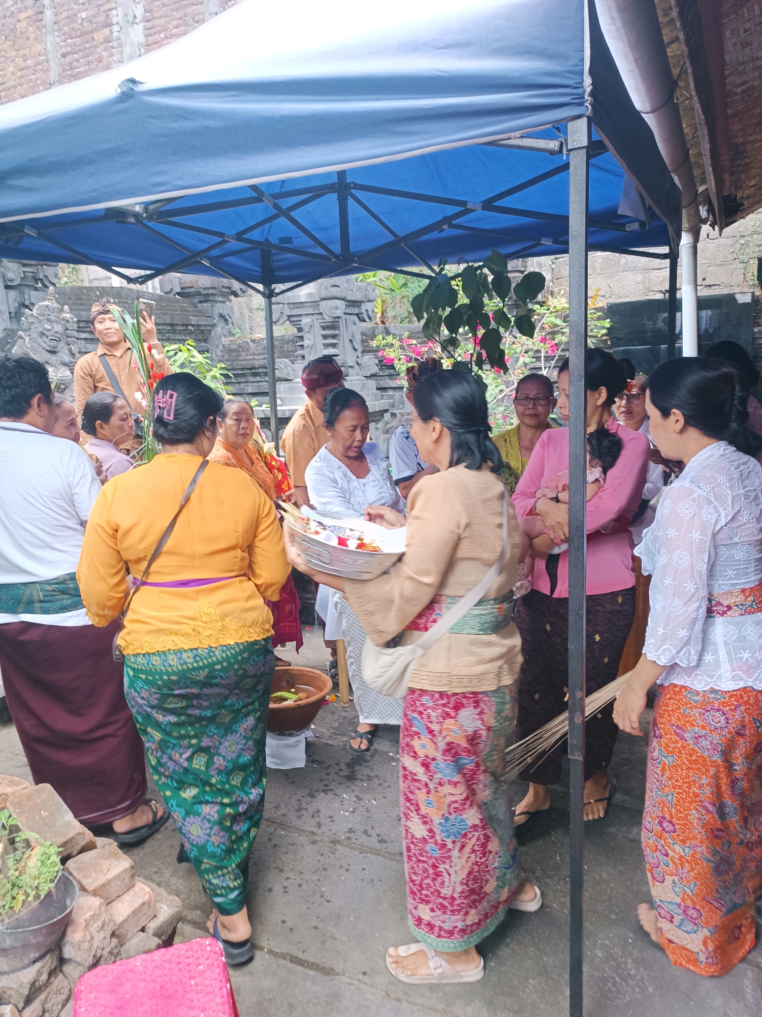 A group of people are gathered under a blue tent, likely for an outdoor event. In the foreground, a woman wearing a bright yellow top and a patterned green sarong walks away from the camera, her back to the viewer. To her right, another woman in a light brown top and a red and pink patterned sarong holds a silver tray filled with offerings. To the far right, a woman in a white lace top and an orange patterned sarong is also visible. Behind them, a woman in a pink top holds a baby, and other individuals are engaged in conversation or observing the proceedings. The background reveals a stone structure that appears to be a temple or a shrine, with some greenery and pink flowers. The ground is paved with stone. A man in a brown shirt is standing behind the group, holding a phone and some green branches. The scene suggests a cultural or religious gathering taking place in Tabanan, Indonesia.