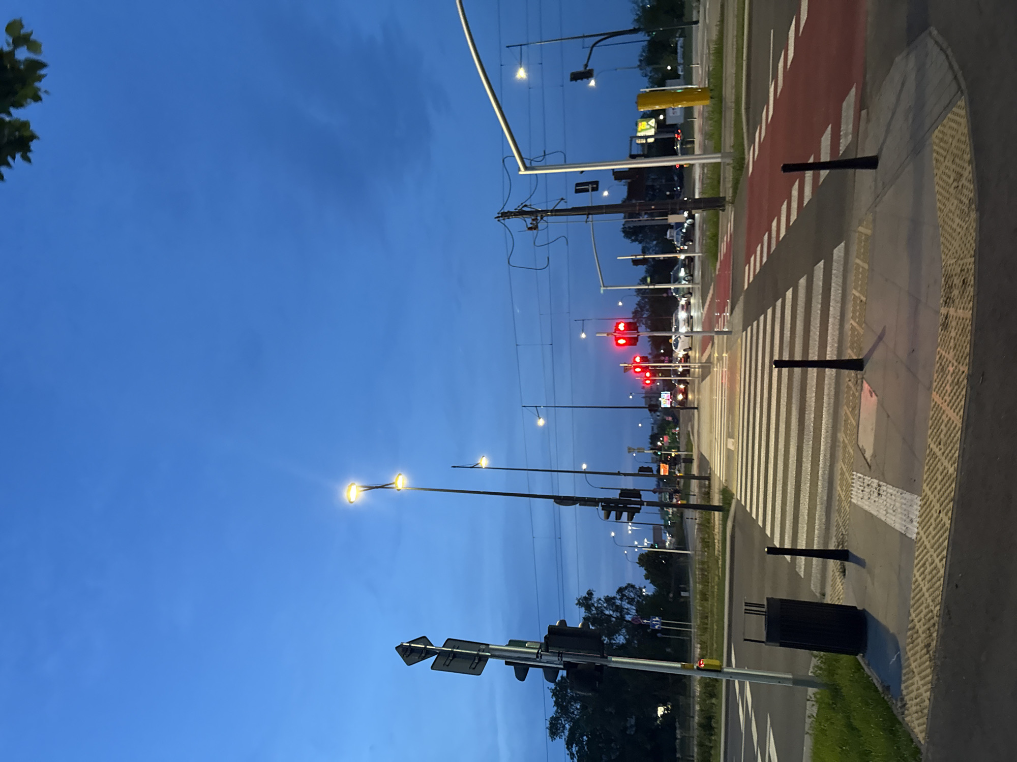 The image depicts a street scene at dusk, likely in an urban environment. A wide pedestrian crosswalk is prominently featured in the foreground, with white stripes on a dark asphalt surface. To the right of the crosswalk, a red-painted lane for bicycles or a bus lane is visible. Several traffic lights are illuminated, with some showing red signals, indicating that traffic is stopped. Streetlights are on, casting a warm glow on the scene. Electrical wires and poles are present, suggesting the presence of public transportation or utilities. Trees and some buildings are visible in the background. The sky is a deep blue, indicative of twilight. A trash can and several bollards are situated on the sidewalk next to the crosswalk. Cars are visible in the distance, stopped at the traffic lights. The overall impression is that of a typical city intersection during the evening transition from day to night.